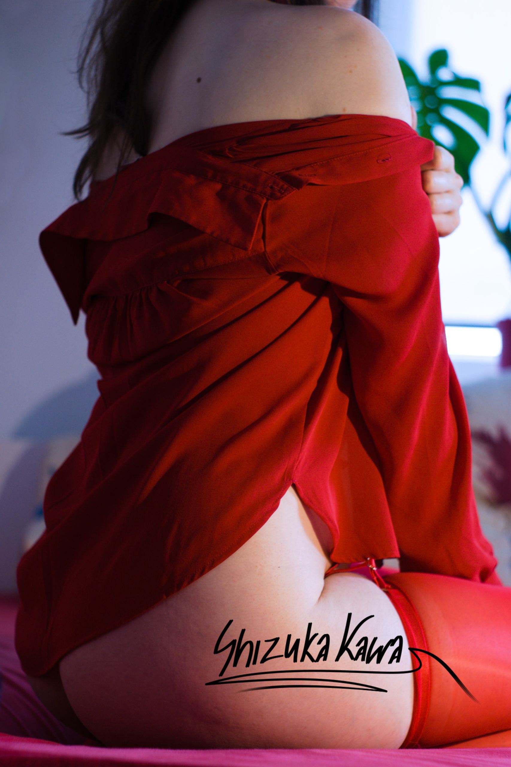 Red Button-up Shirt with Red Harness and Stockings image 3
