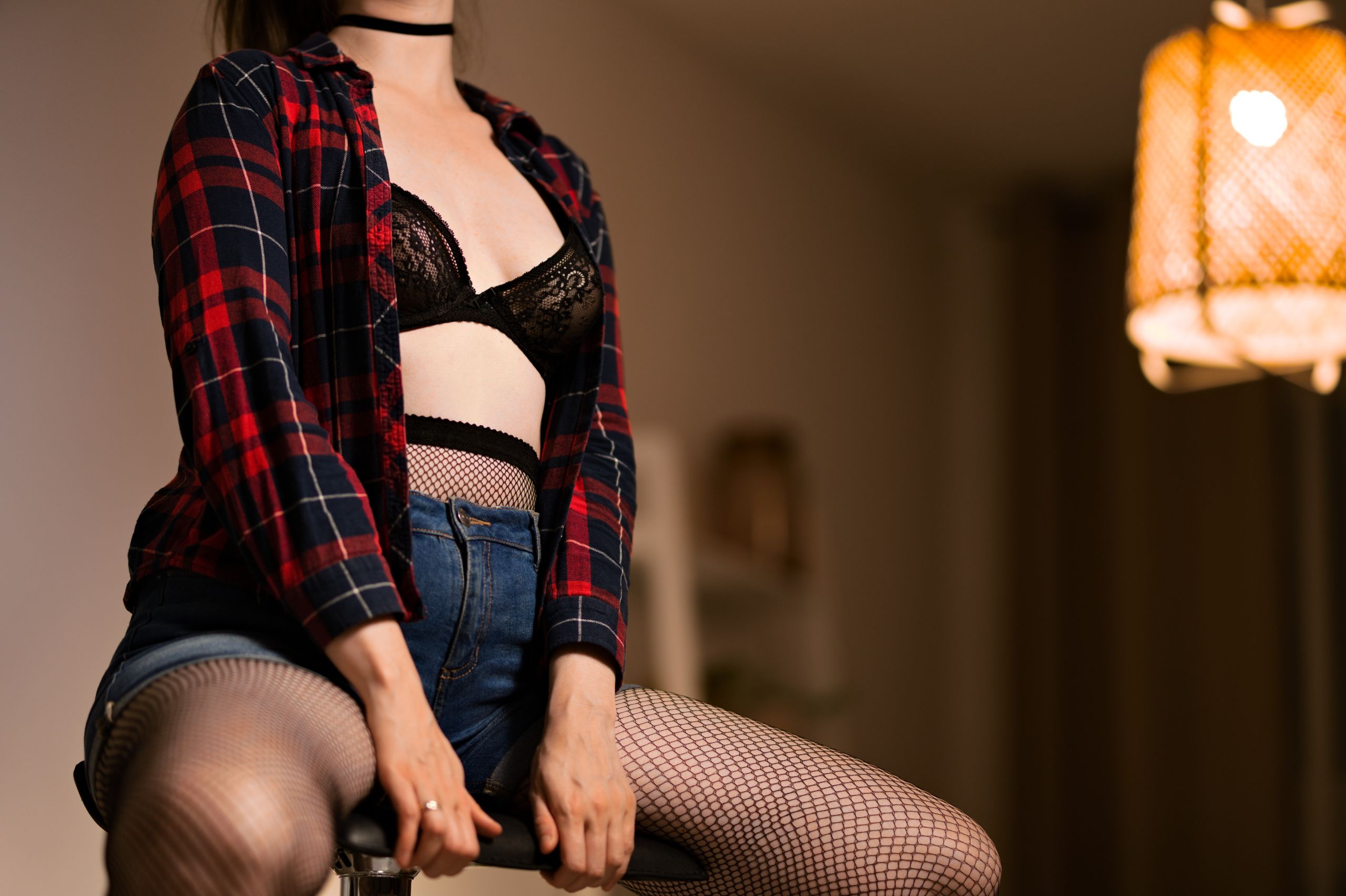 Flannel Button-up Shirt with Denim Shorts, Black Lingerie and Fishnet Pantyhose image 13