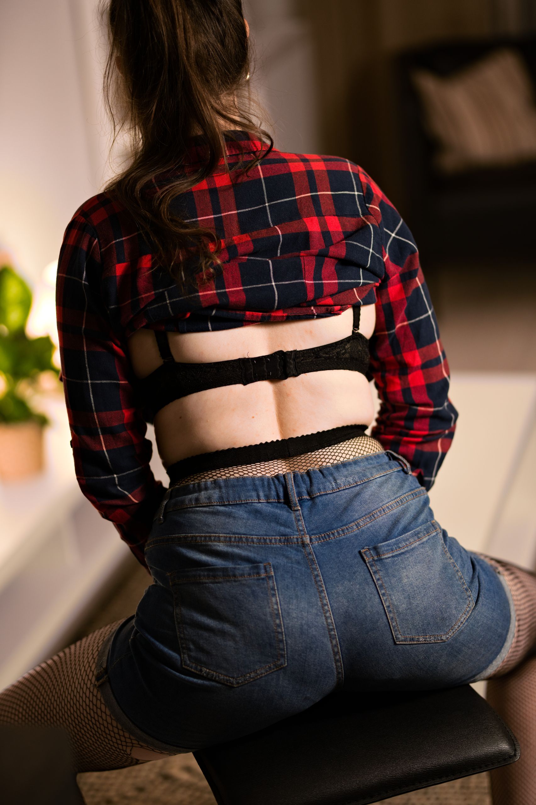 Flannel Button-up Shirt with Denim Shorts, Black Lingerie and Fishnet Pantyhose image 17