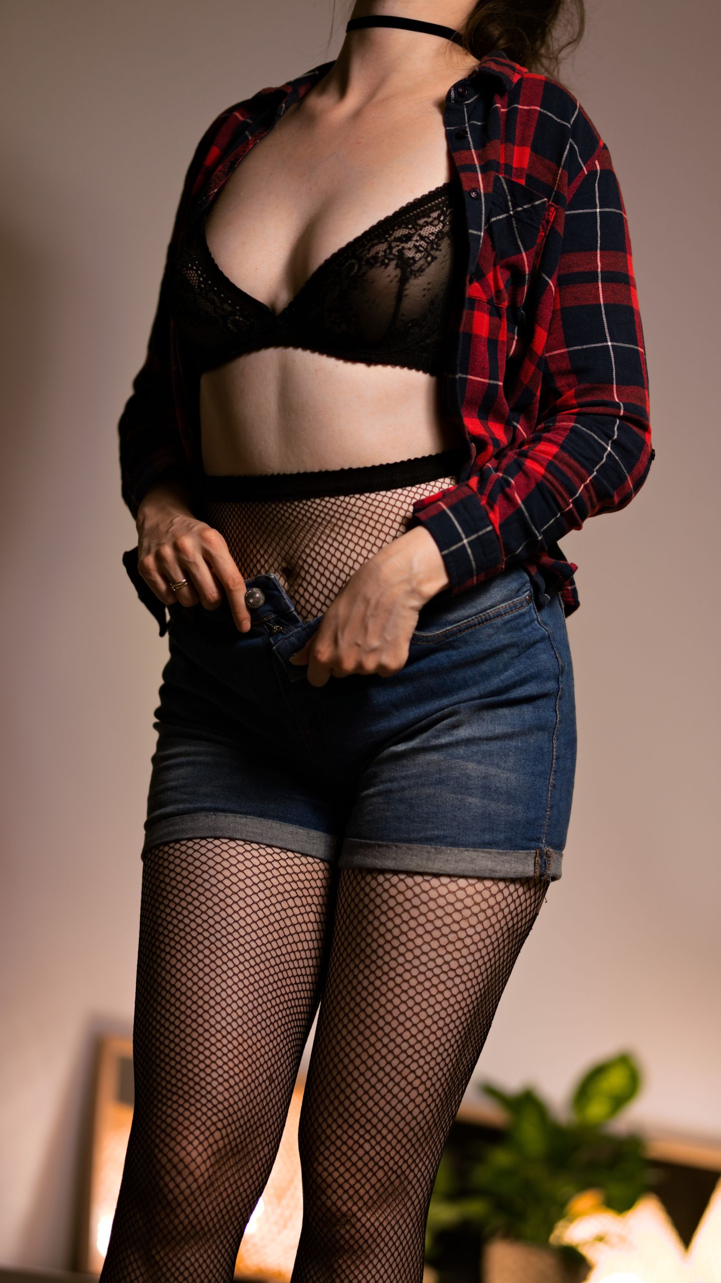 Flannel Button-up Shirt with Denim Shorts, Black Lingerie and Fishnet Pantyhose image 19