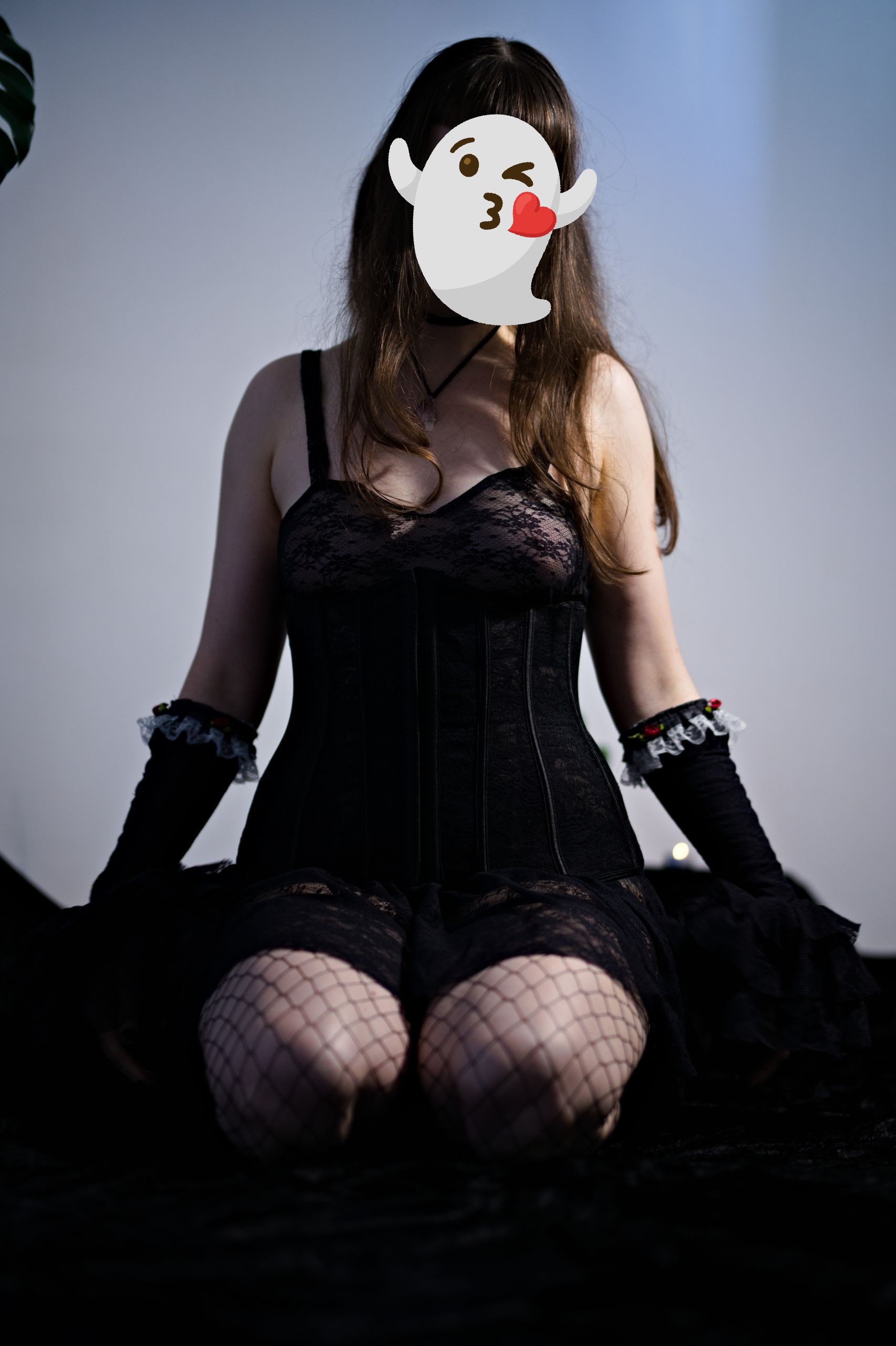 Halloween Witch in Black Lace Dress, Corset and Fishnet Stockings image 1