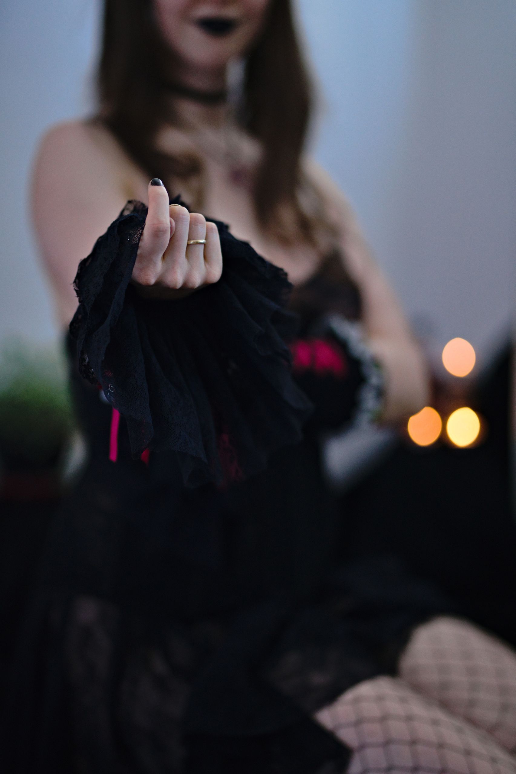 Halloween Witch in Black Lace Dress, Corset and Fishnet Stockings image 13