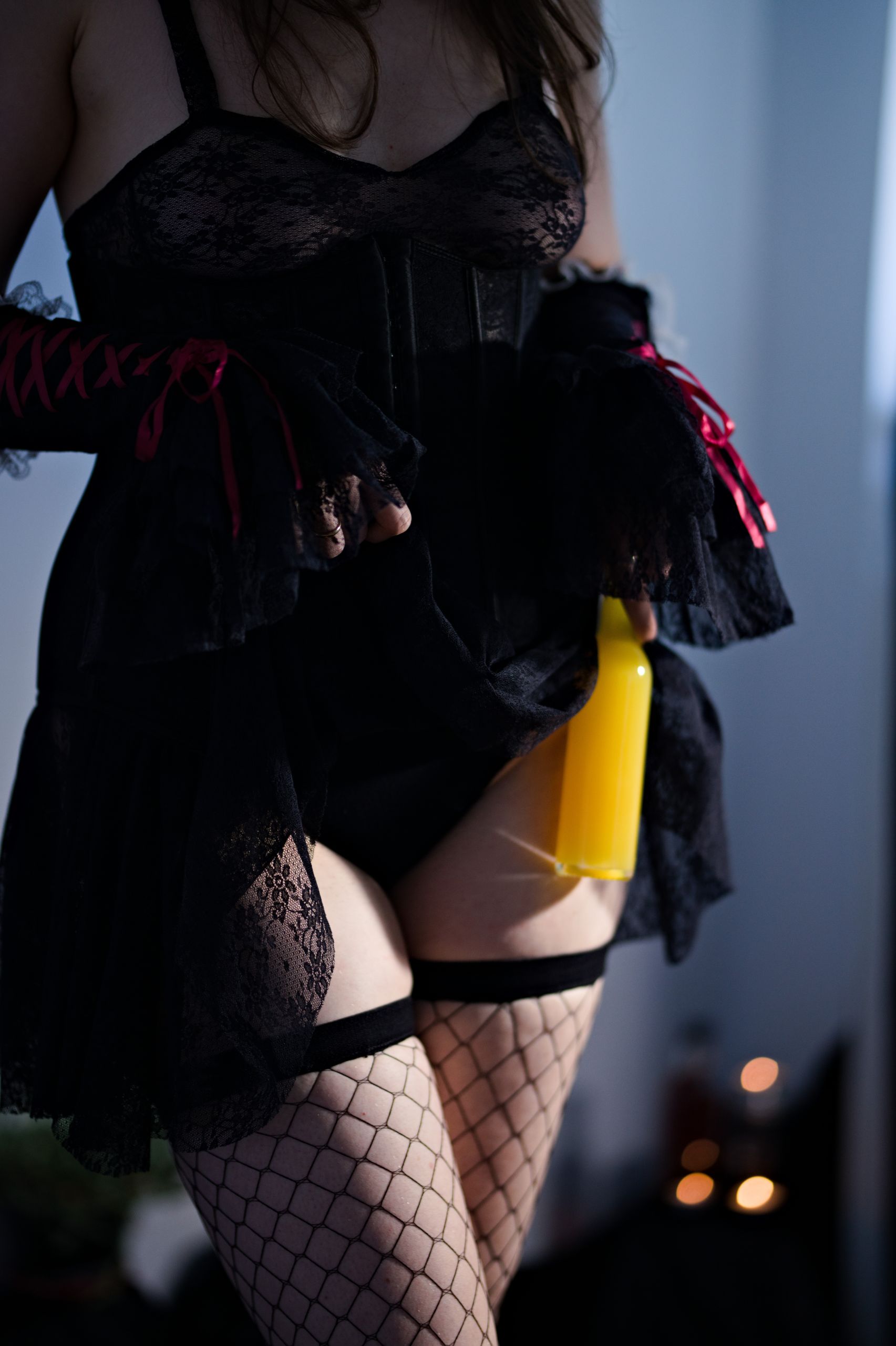 Halloween Witch in Black Lace Dress, Corset and Fishnet Stockings image 24