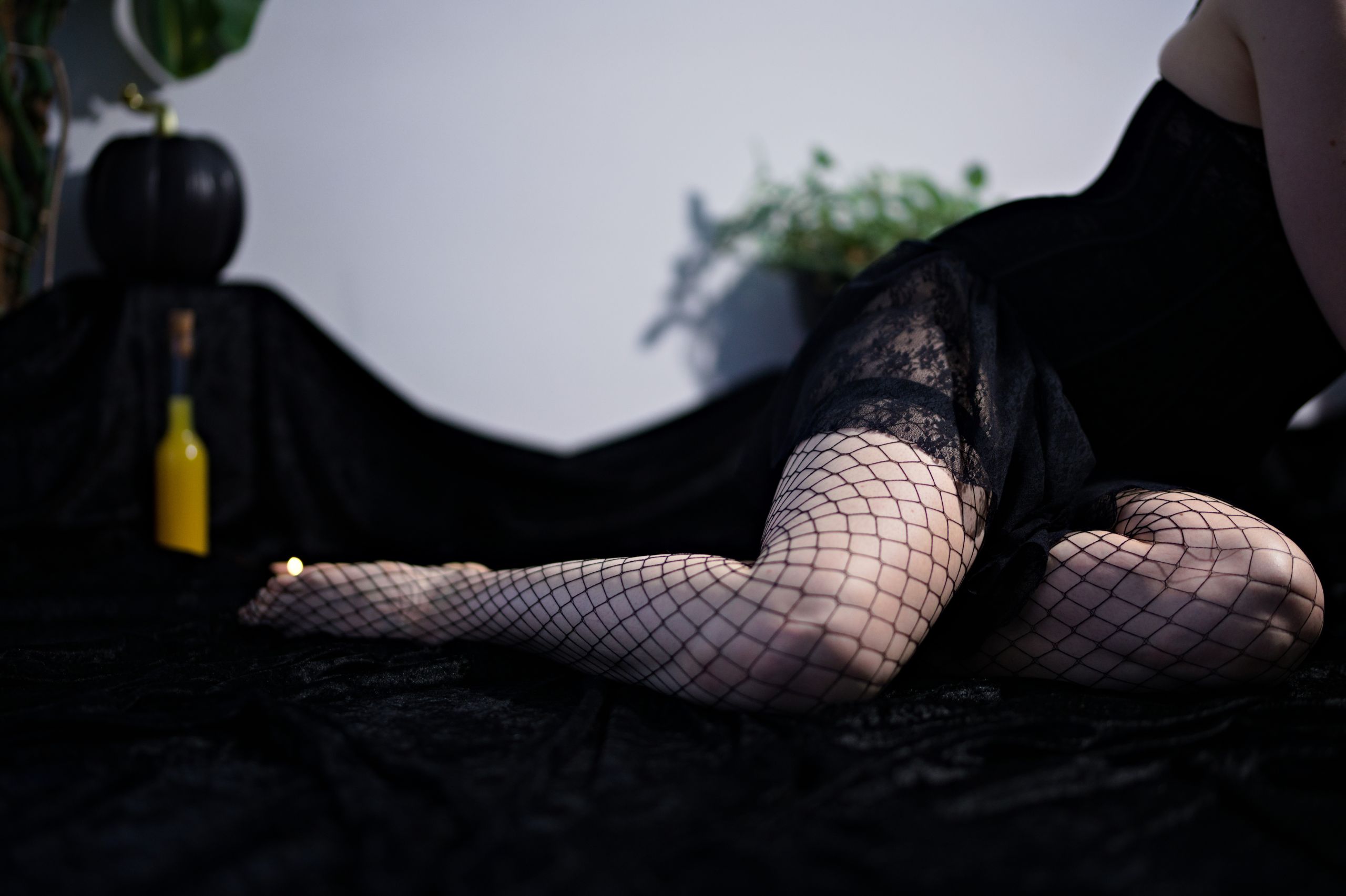 Halloween Witch in Black Lace Dress, Corset and Fishnet Stockings image 3