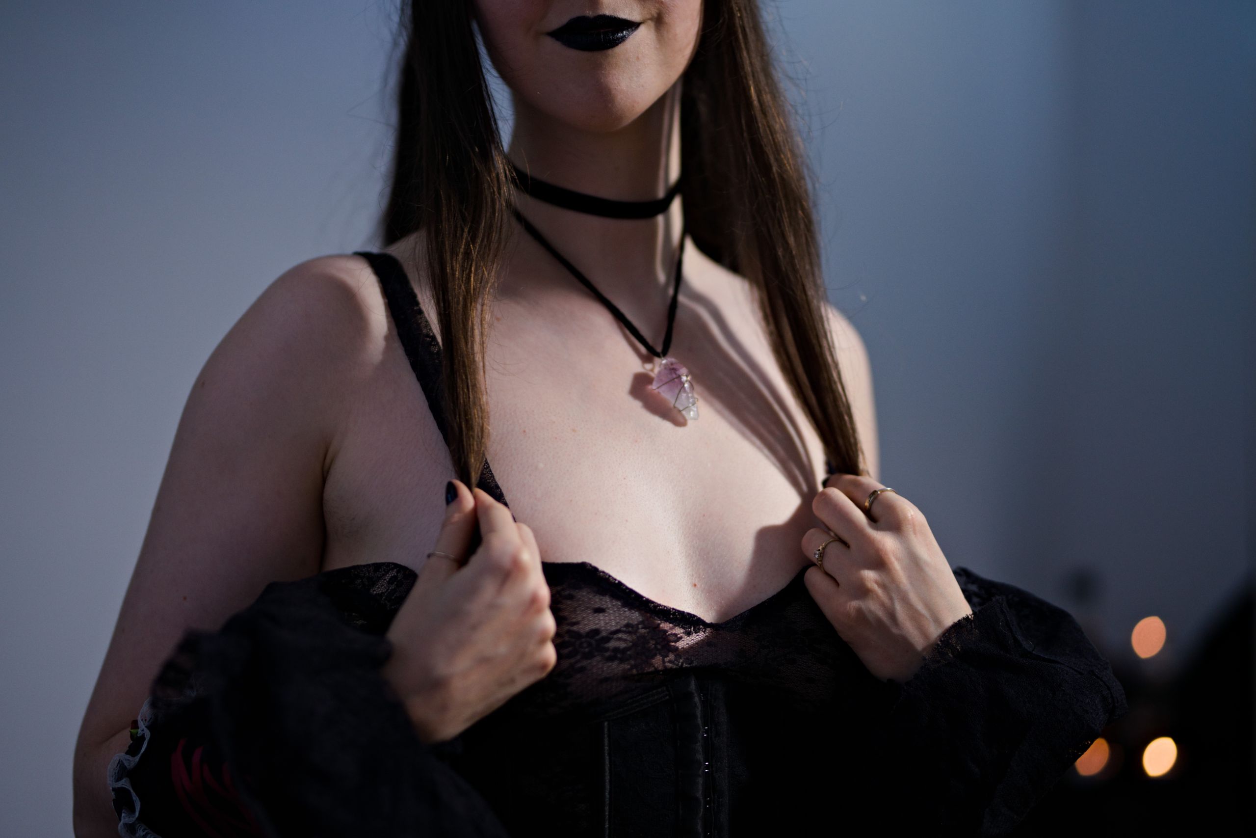 Halloween Witch in Black Lace Dress, Corset and Fishnet Stockings image 38