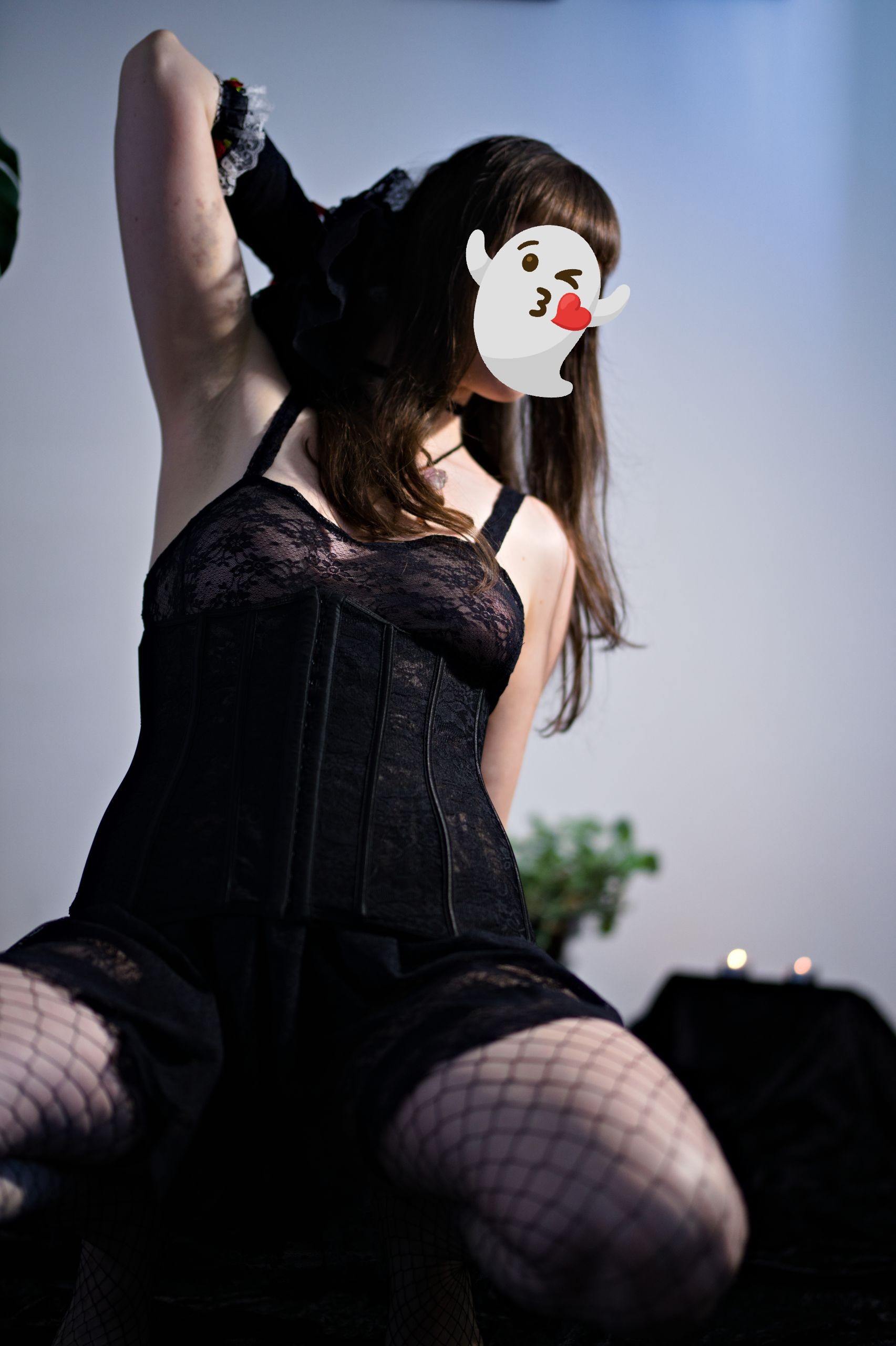 Halloween Witch in Black Lace Dress, Corset and Fishnet Stockings image 6