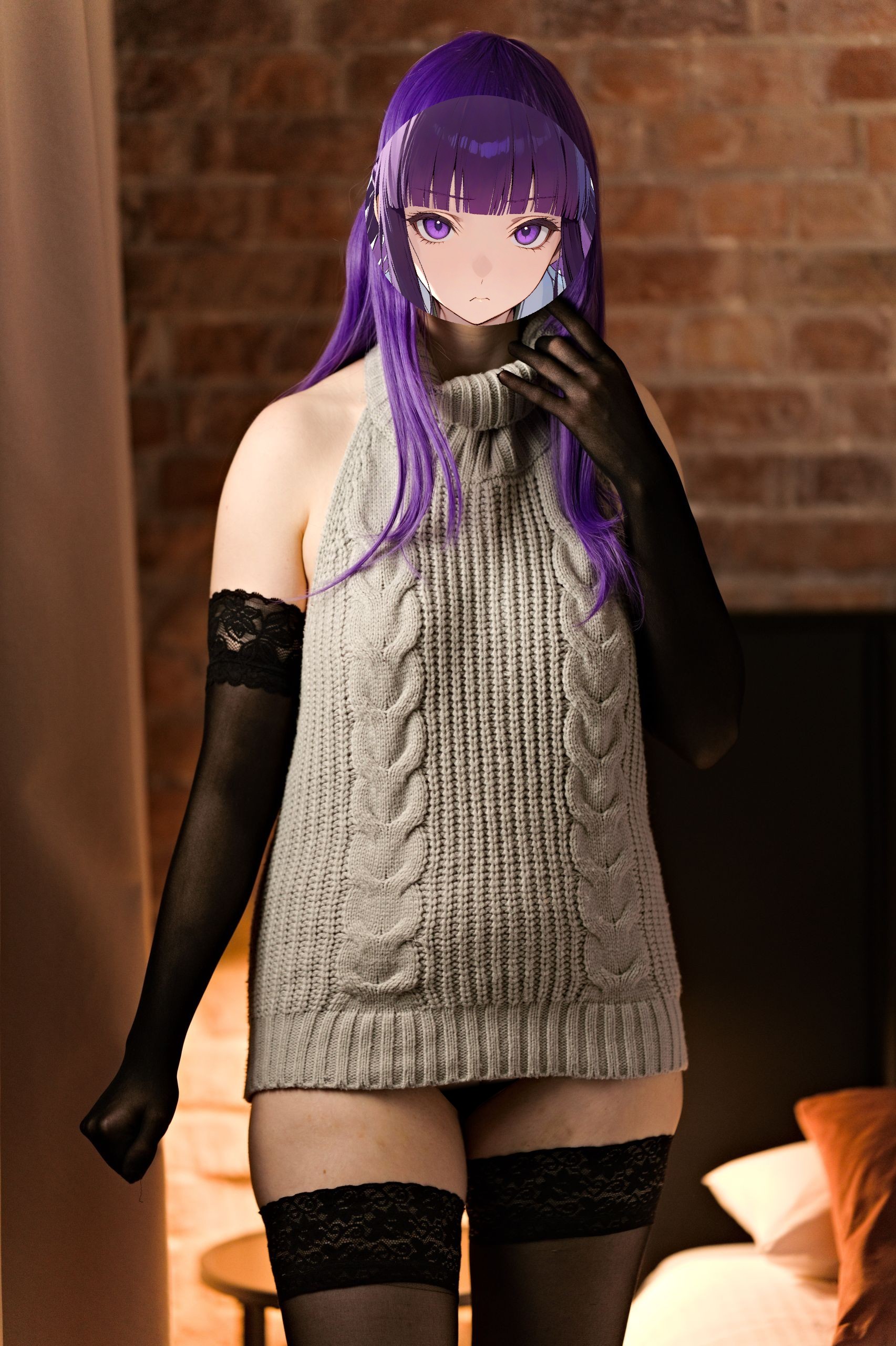 Fern in Virgin Killer Sweater with Black Lace-trimmed Stockings and Gloves image 0