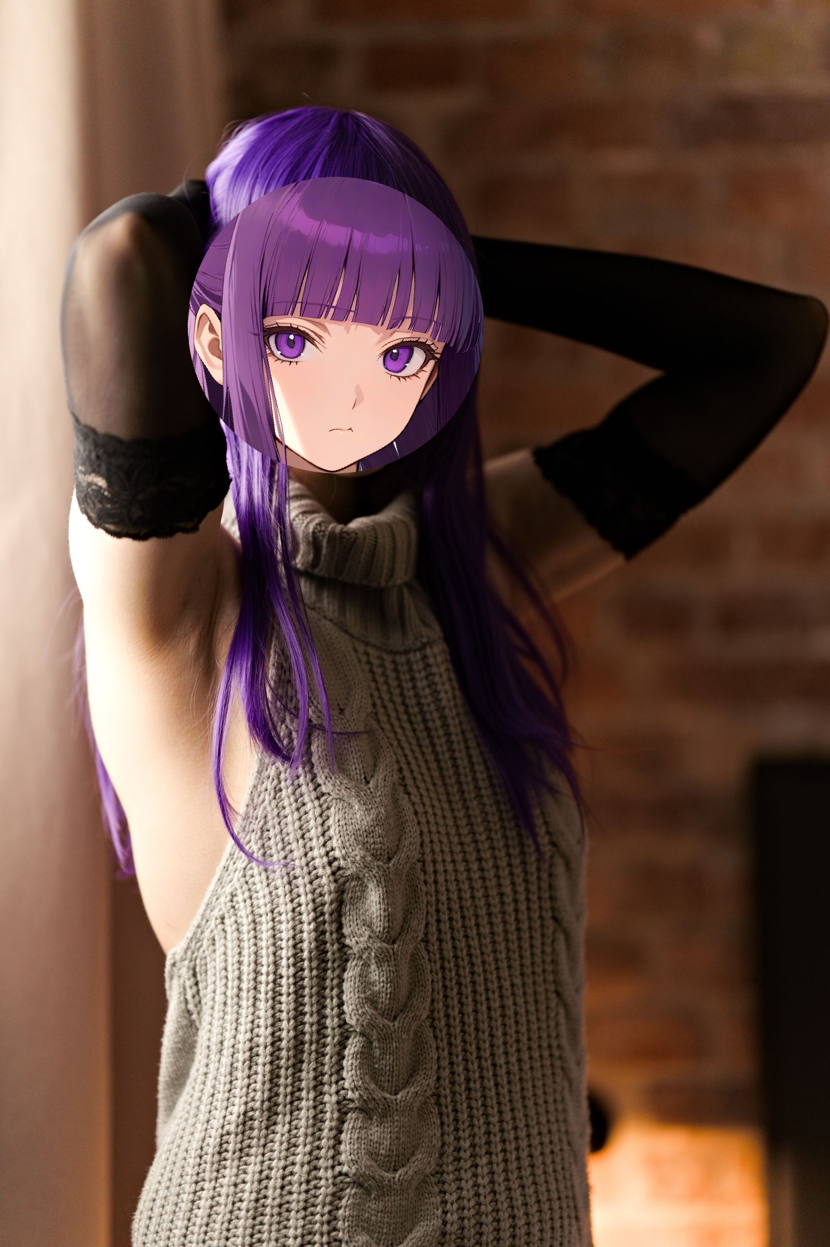 Fern in Virgin Killer Sweater with Black Lace-trimmed Stockings and Gloves image 13