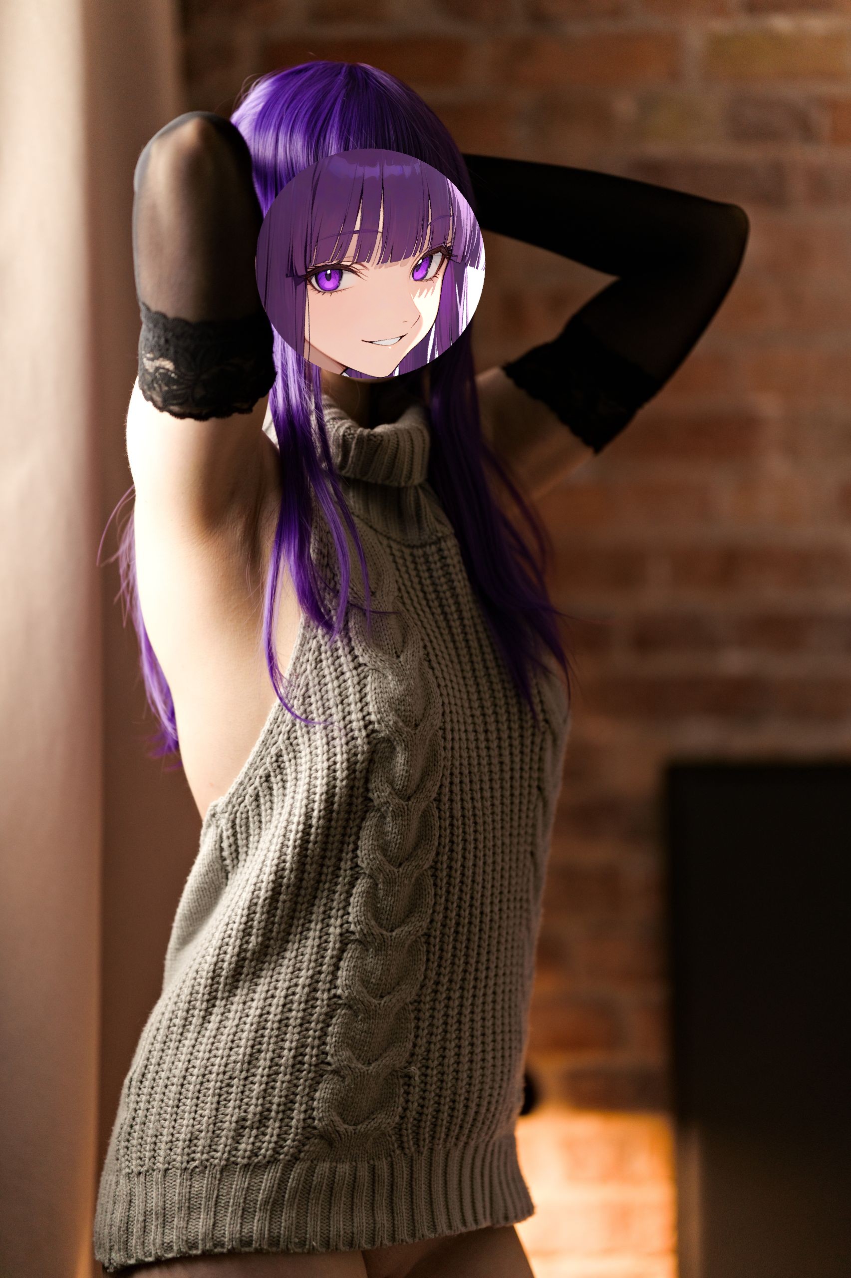 Fern in Virgin Killer Sweater with Black Lace-trimmed Stockings and Gloves image 14