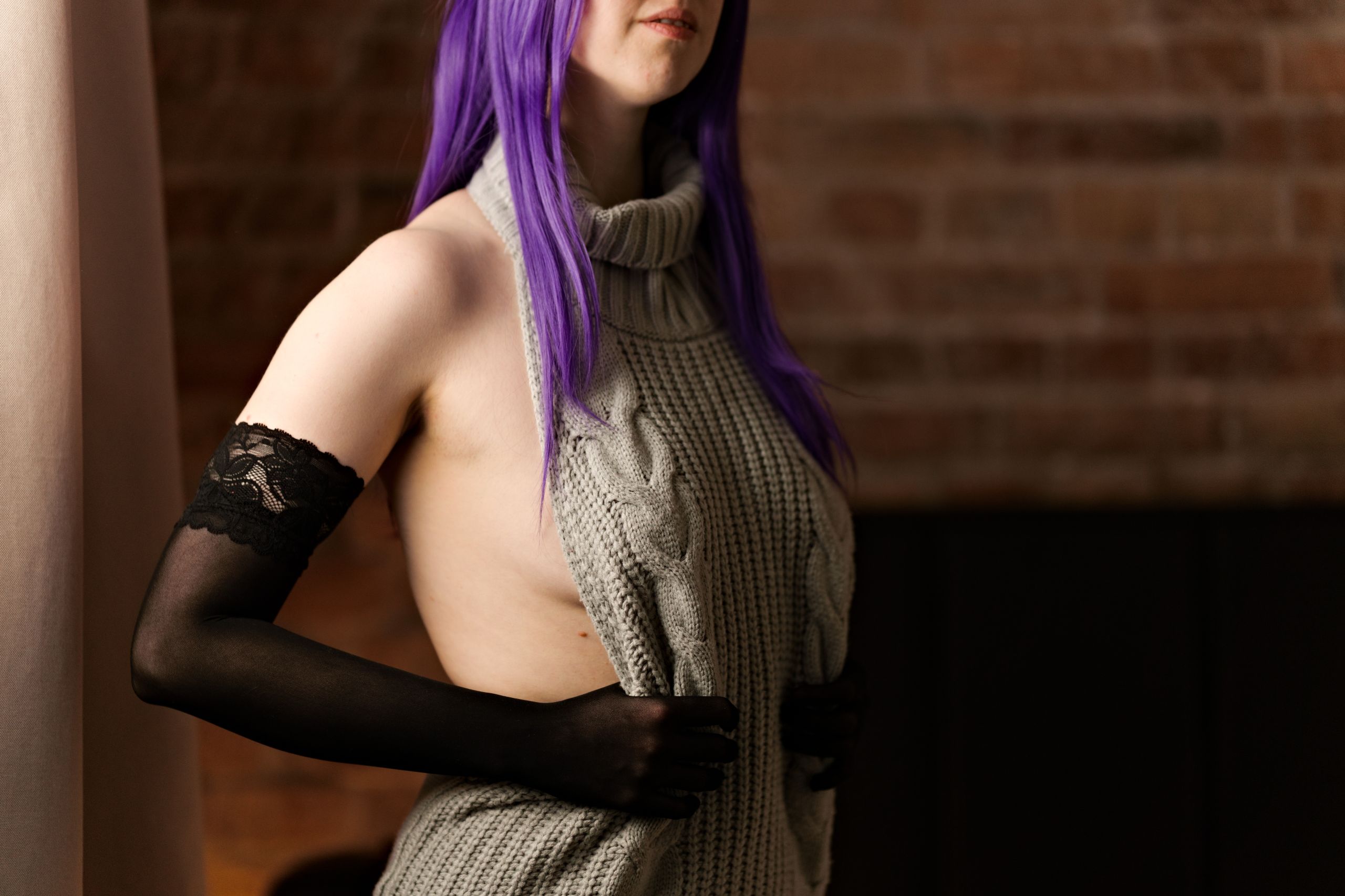 Fern in Virgin Killer Sweater with Black Lace-trimmed Stockings and Gloves image 17