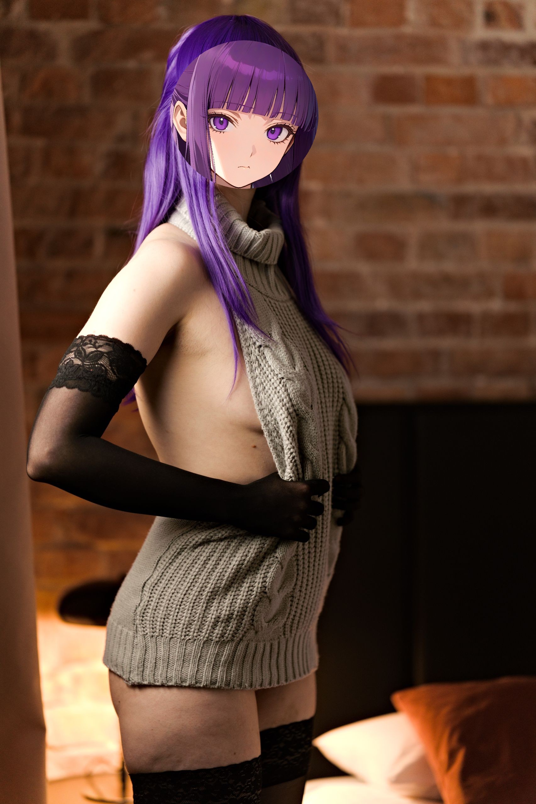 Fern in Virgin Killer Sweater with Black Lace-trimmed Stockings and Gloves image 18