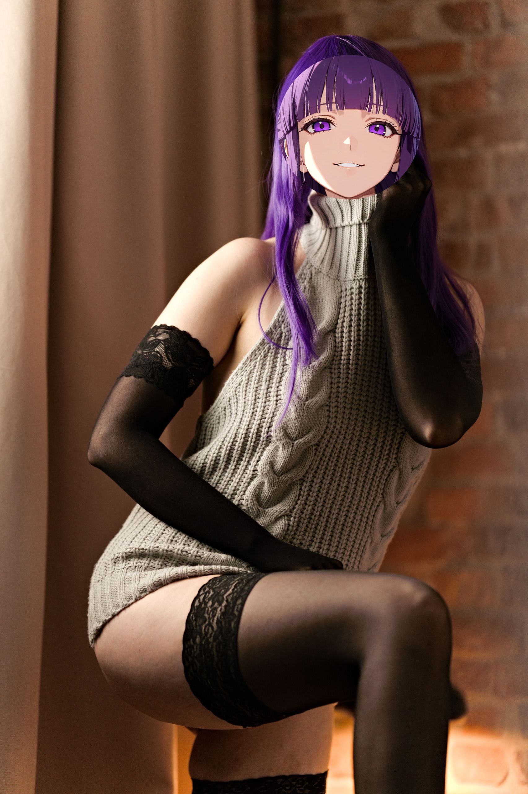 Fern in Virgin Killer Sweater with Black Lace-trimmed Stockings and Gloves image 21