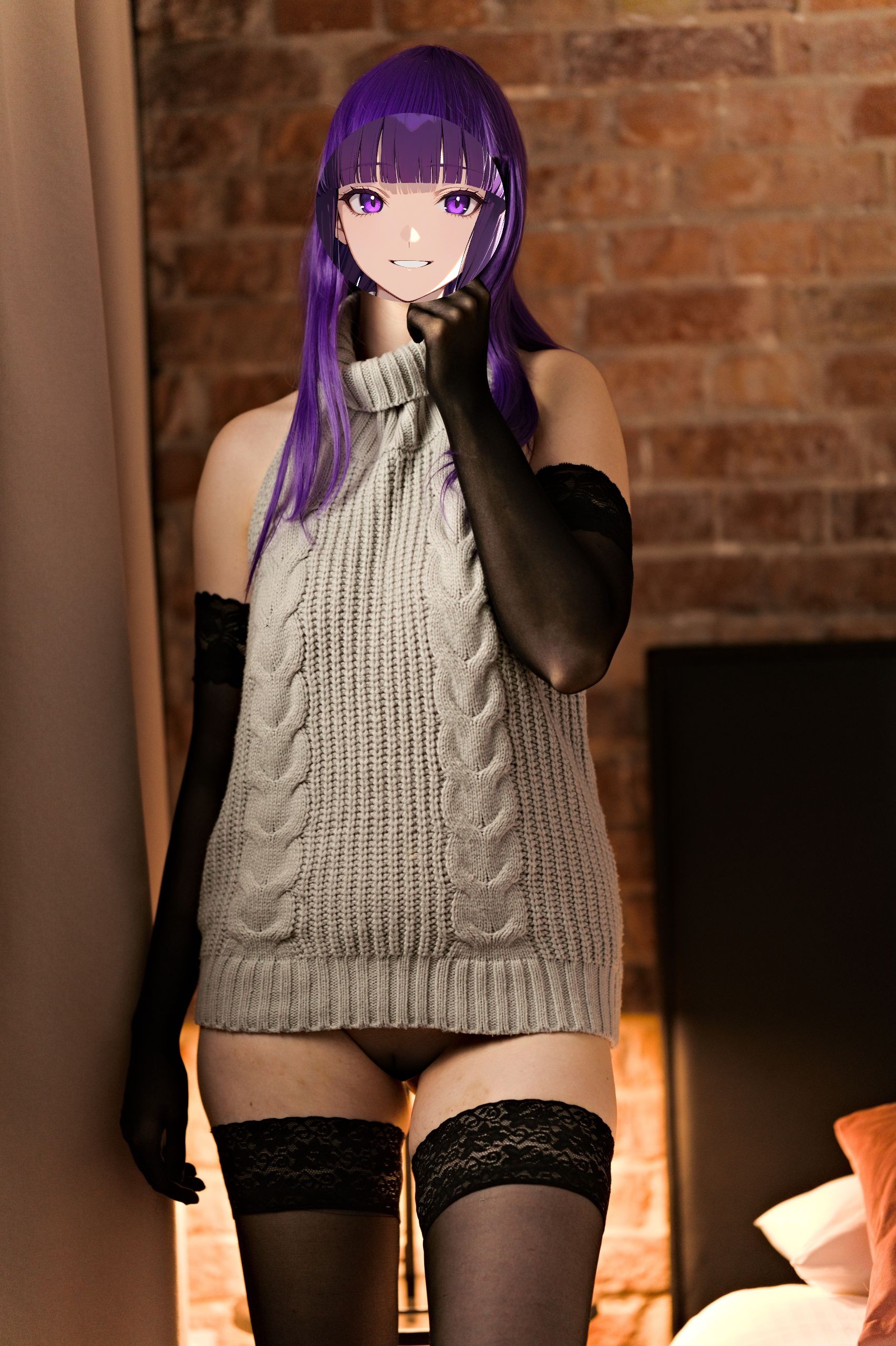 Fern in Virgin Killer Sweater with Black Lace-trimmed Stockings and Gloves image 2