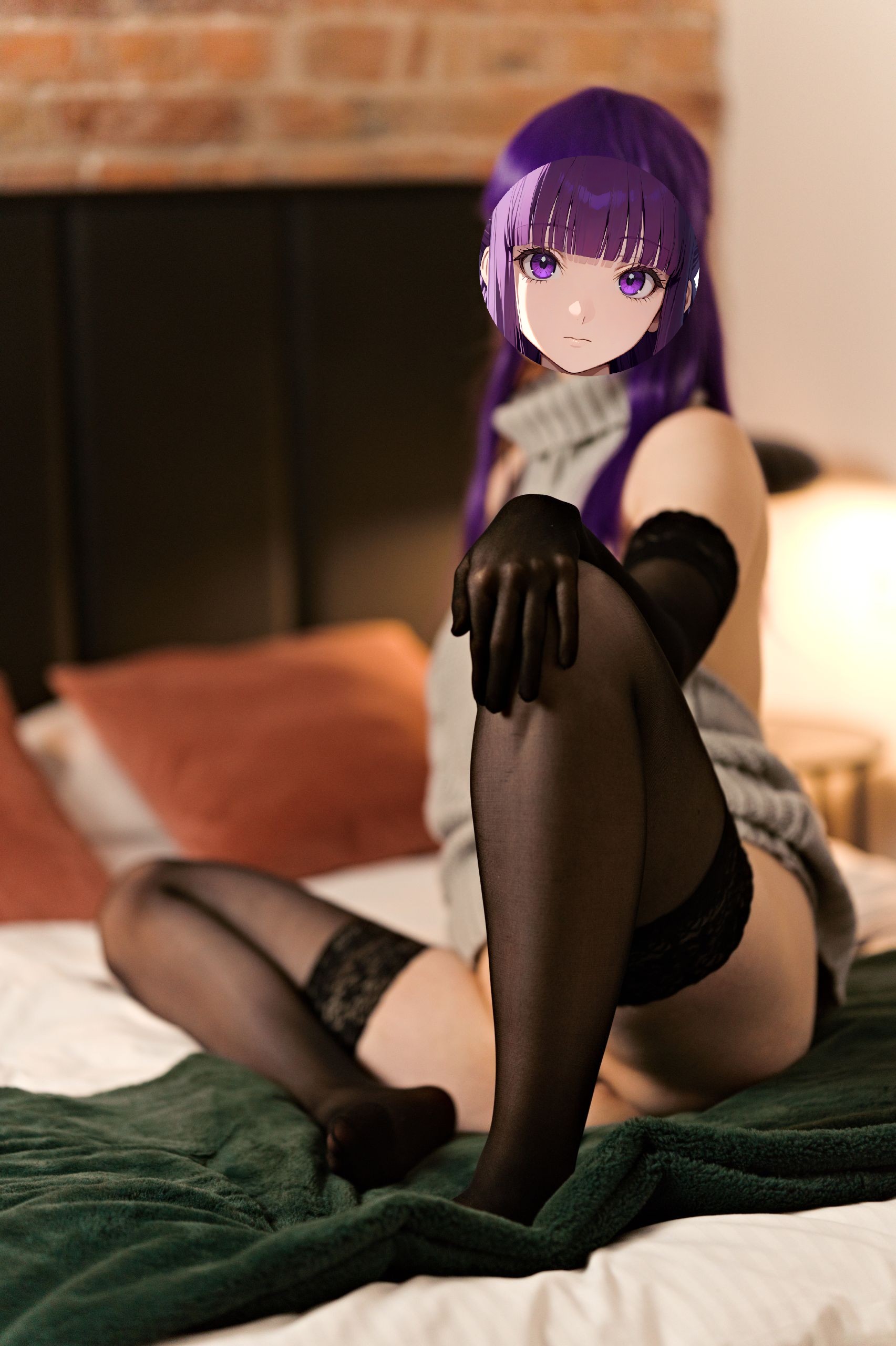Fern in Virgin Killer Sweater with Black Lace-trimmed Stockings and Gloves image 33