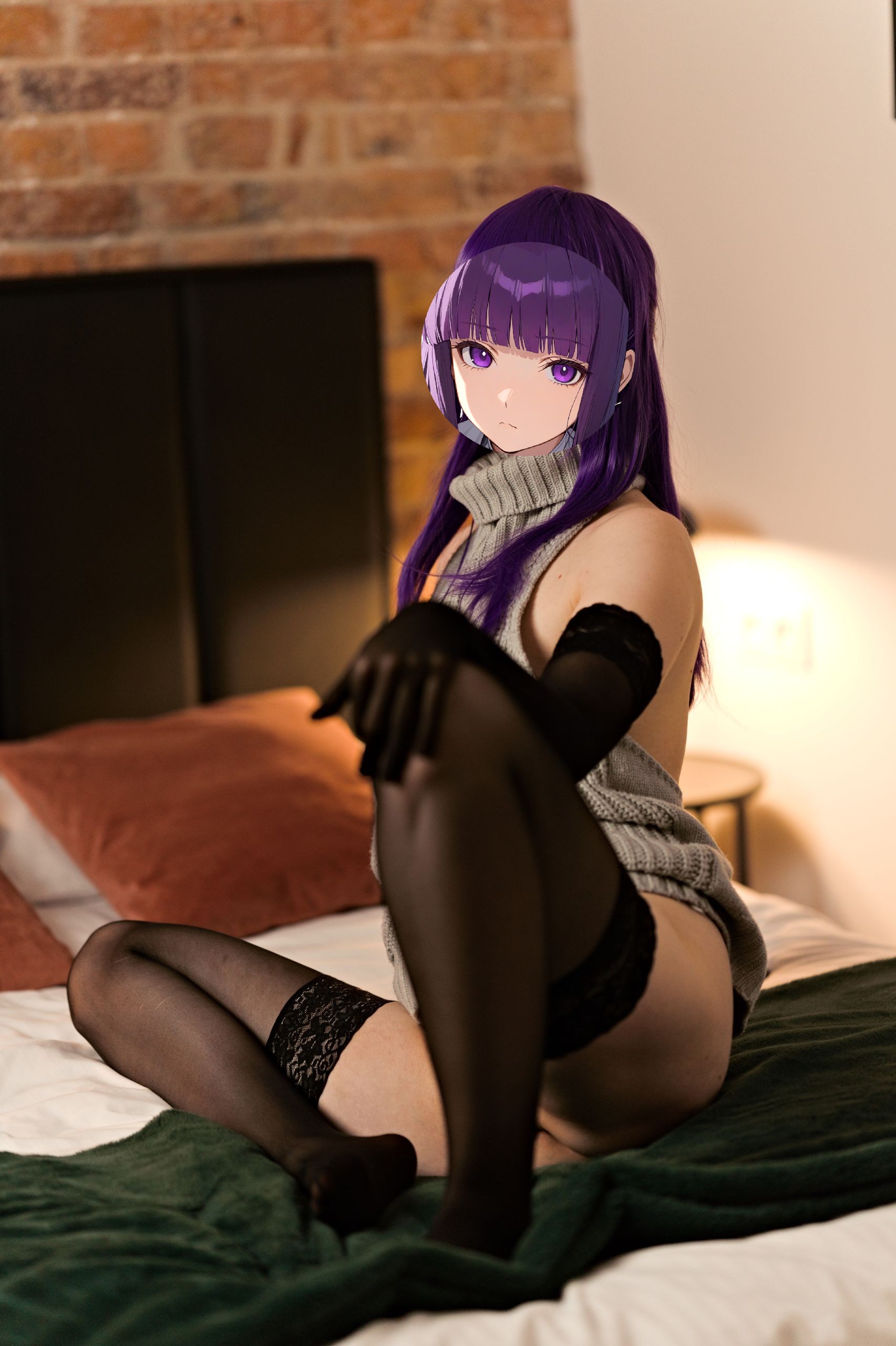 Fern in Virgin Killer Sweater with Black Lace-trimmed Stockings and Gloves image 34