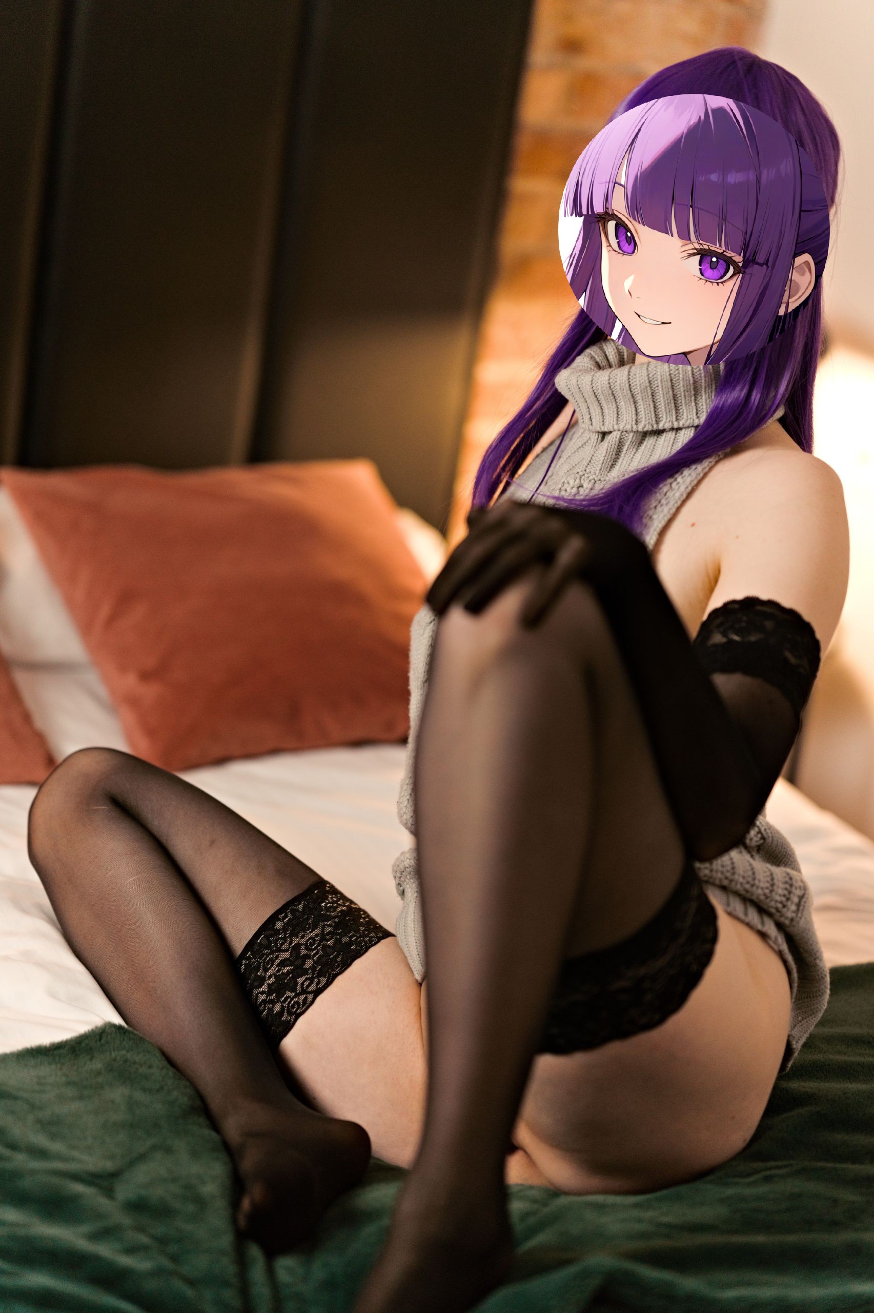 Fern in Virgin Killer Sweater with Black Lace-trimmed Stockings and Gloves image 35