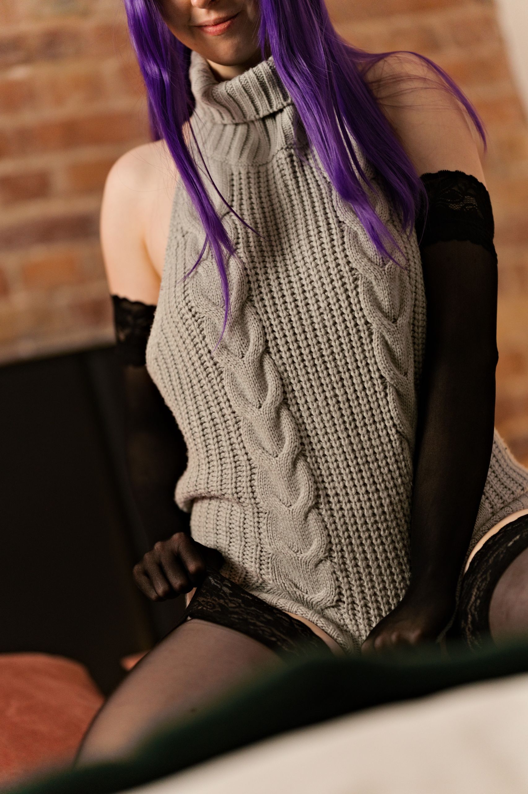 Fern in Virgin Killer Sweater with Black Lace-trimmed Stockings and Gloves image 36