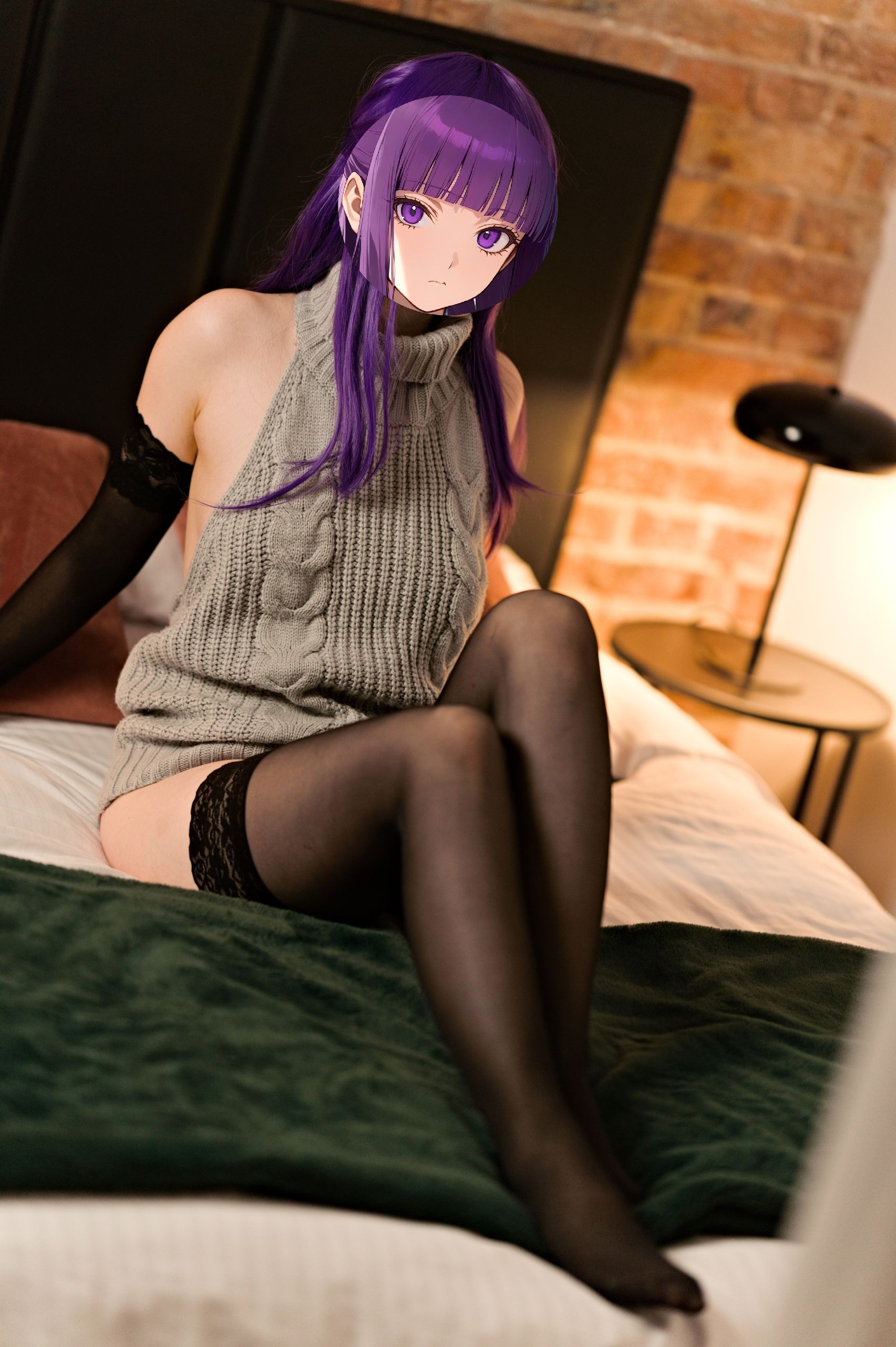 Fern in Virgin Killer Sweater with Black Lace-trimmed Stockings and Gloves image 38