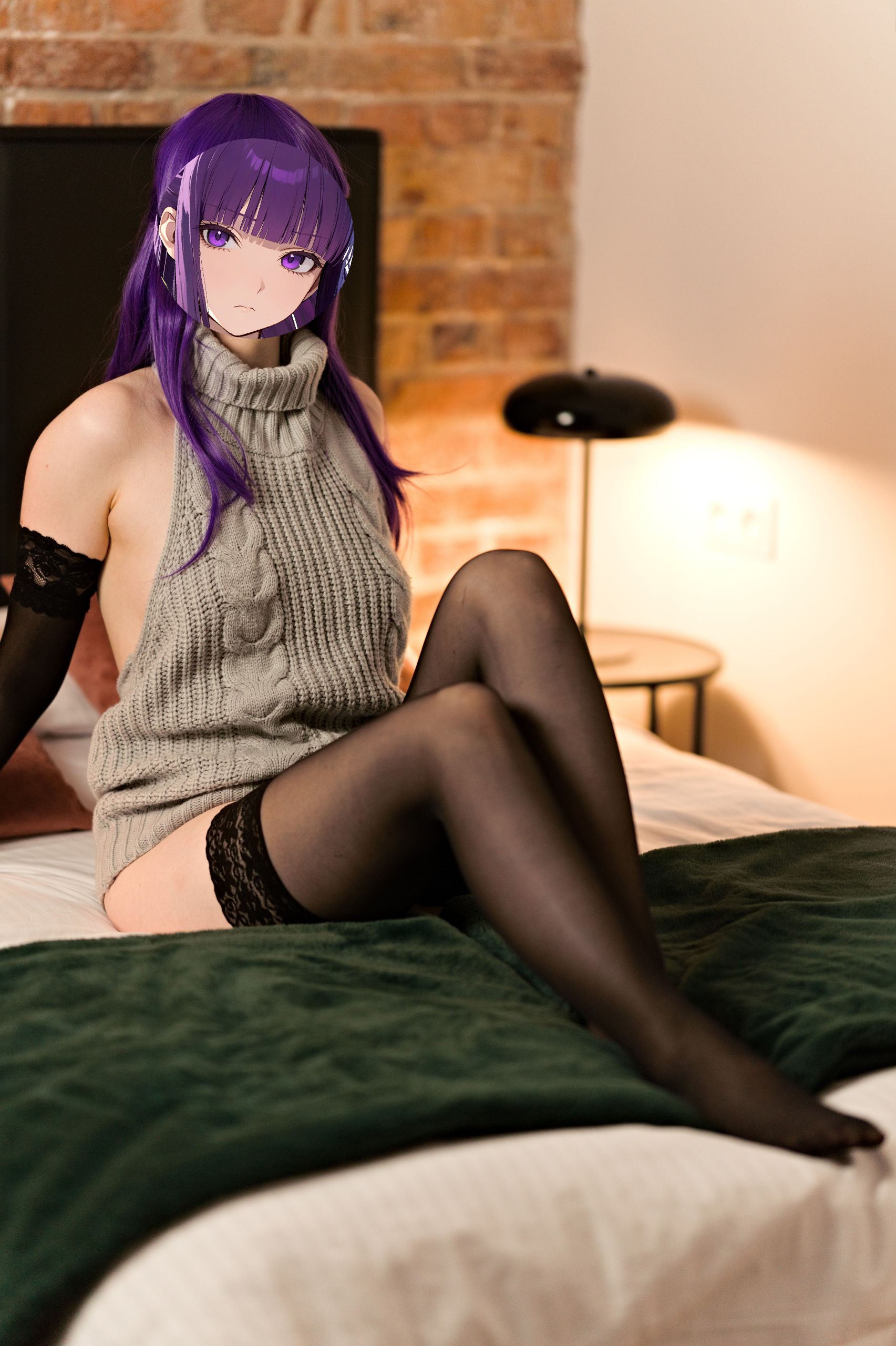 Fern in Virgin Killer Sweater with Black Lace-trimmed Stockings and Gloves image 39
