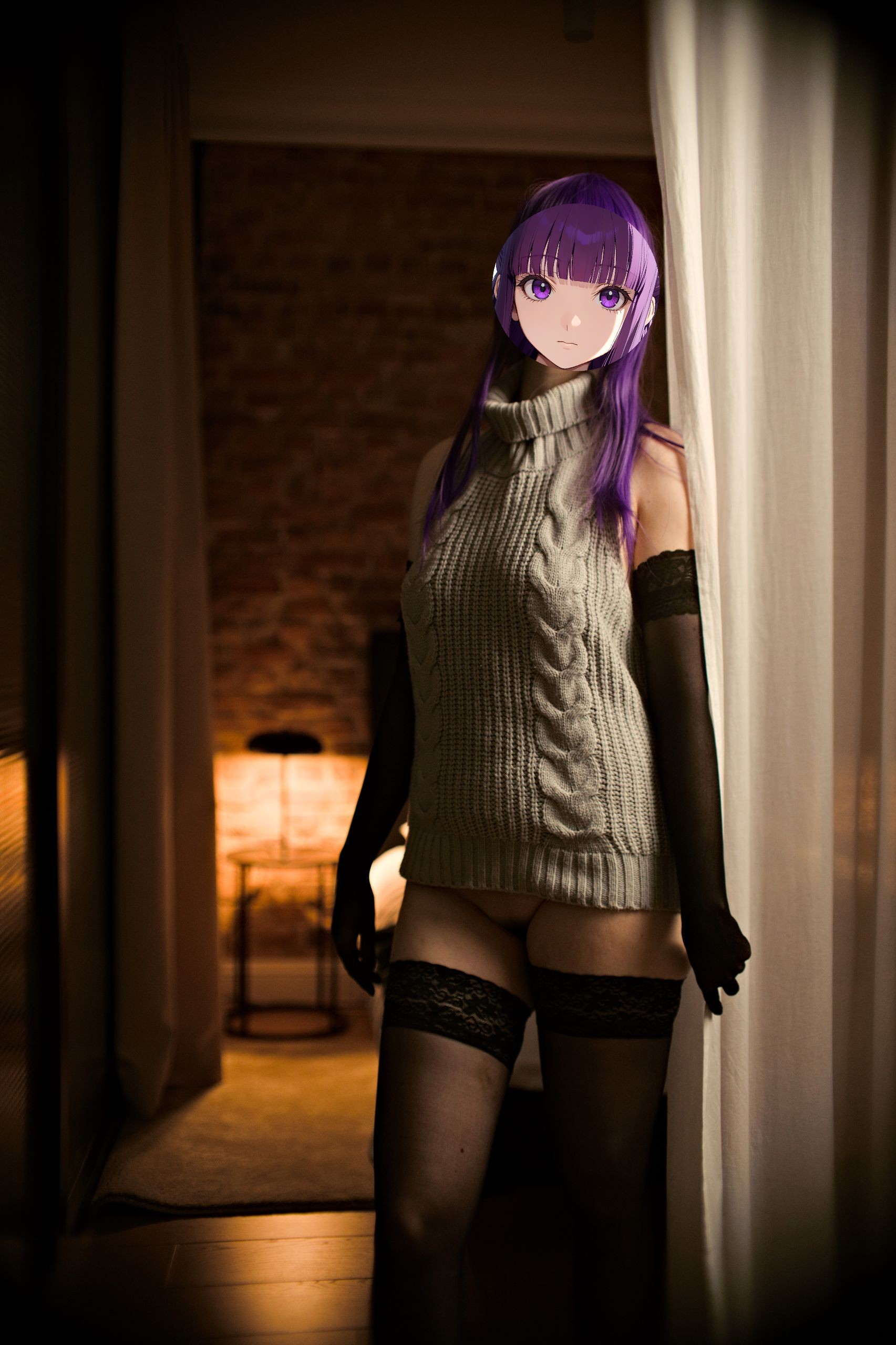 Fern in Virgin Killer Sweater with Black Lace-trimmed Stockings and Gloves image 54