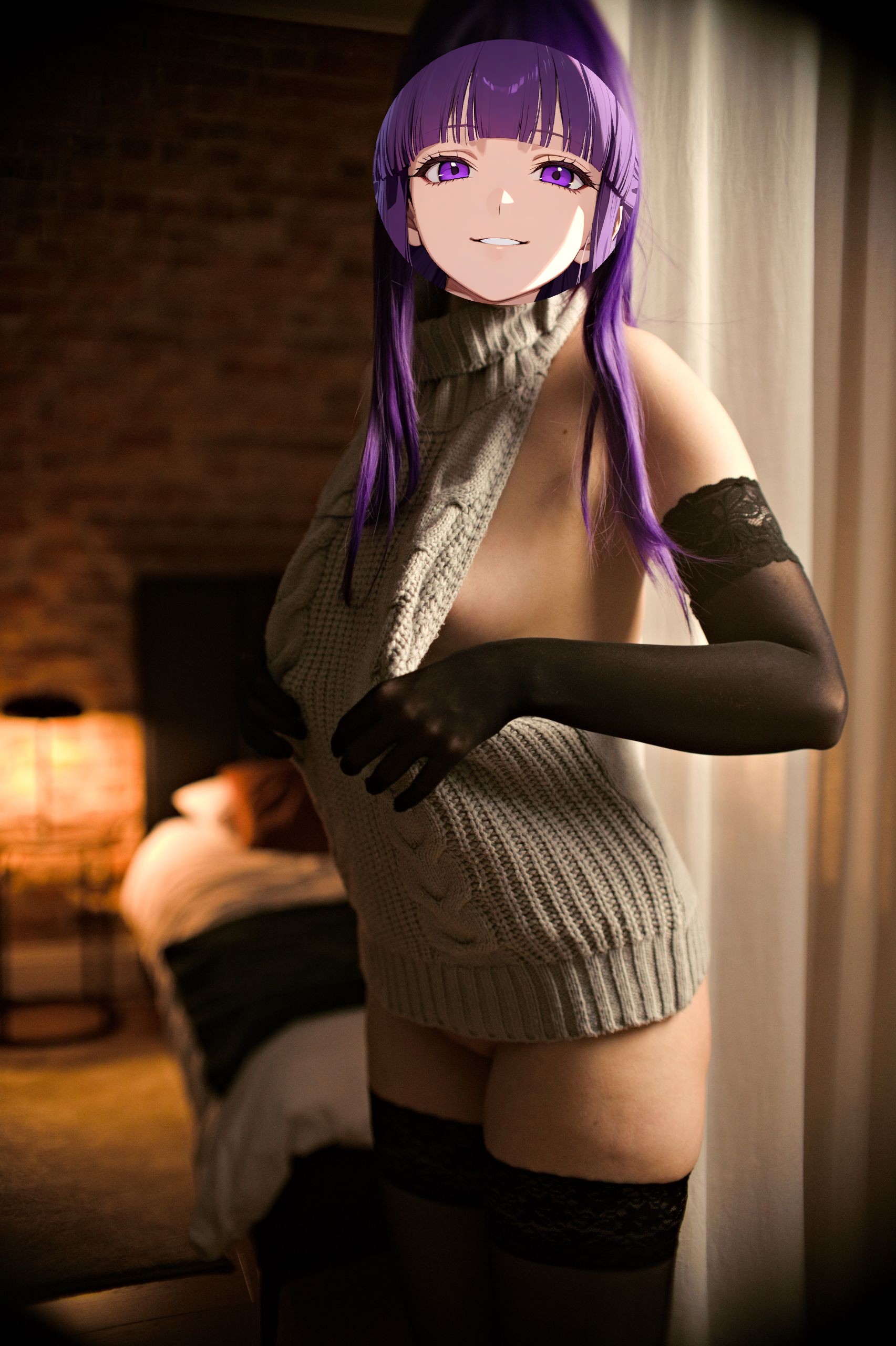 Fern in Virgin Killer Sweater with Black Lace-trimmed Stockings and Gloves image 61