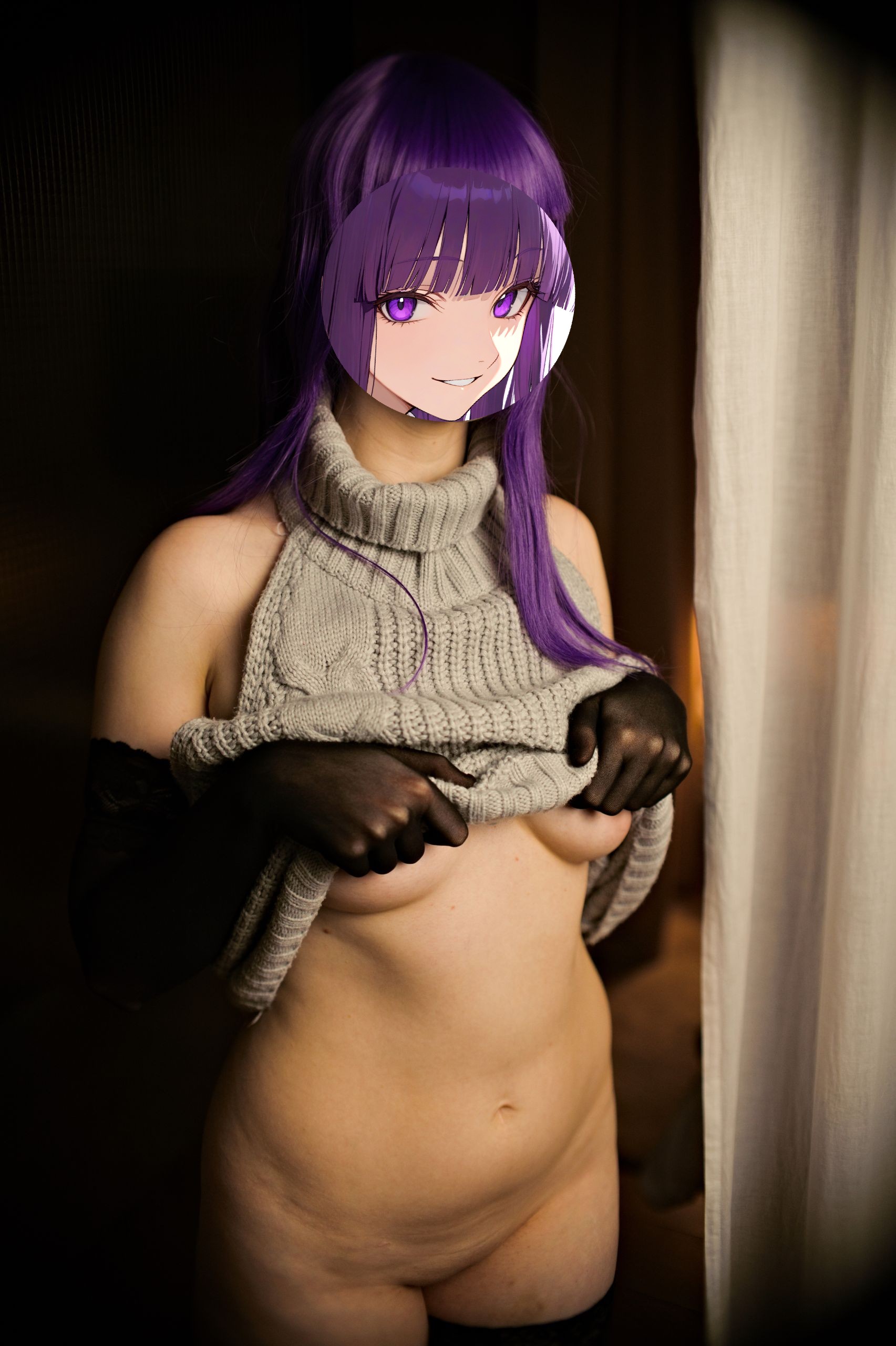Fern in Virgin Killer Sweater with Black Lace-trimmed Stockings and Gloves image 67