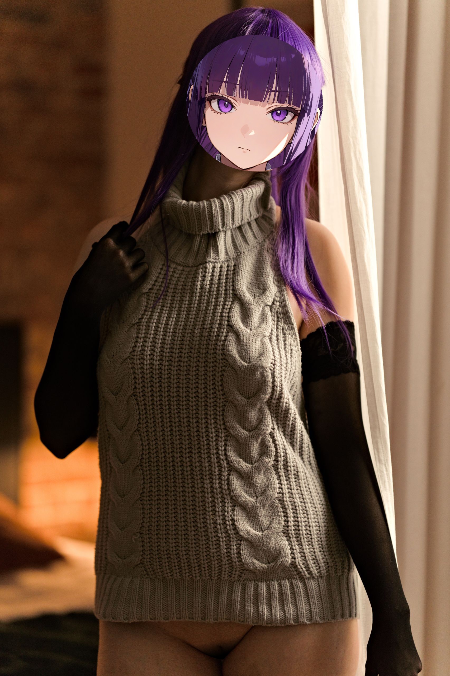 Fern in Virgin Killer Sweater with Black Lace-trimmed Stockings and Gloves image 68
