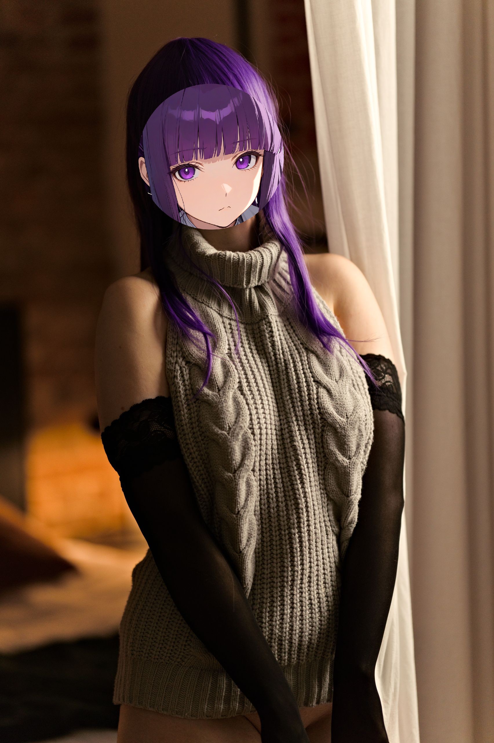Fern in Virgin Killer Sweater with Black Lace-trimmed Stockings and Gloves image 69