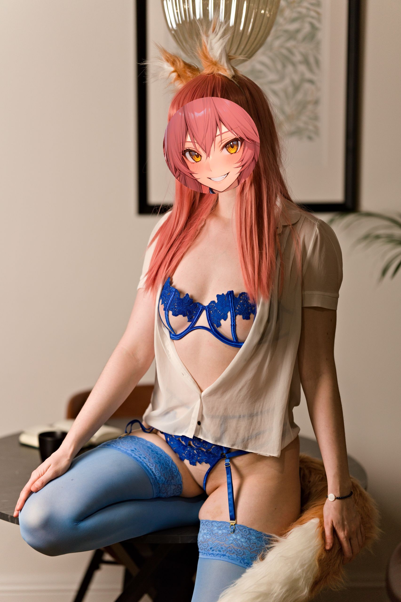 Shizuka Kawa cosplaying as Tamamo no Mae from Fate dressed in a sheer white shirt, and blue lingerie with white stockings. She sits on the edge of a table with her legs spread wide, showcasing her crotch and thick thighs wrapped in nylon stockings. A fox tail with white fur trim are visible.