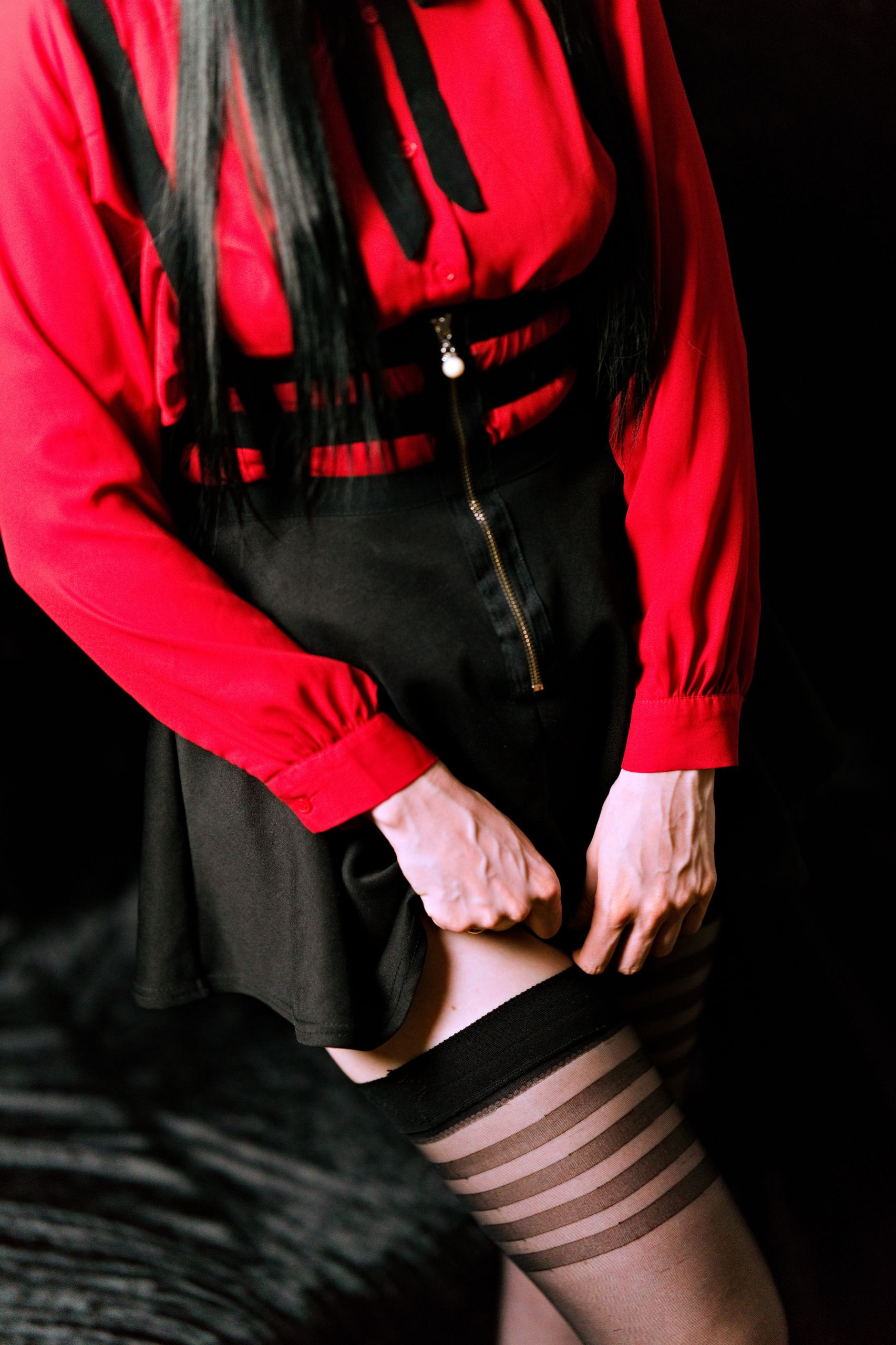 Mayuzumi Fuyuko in Red Shirt, Black Skirt and Black Stockings image 1