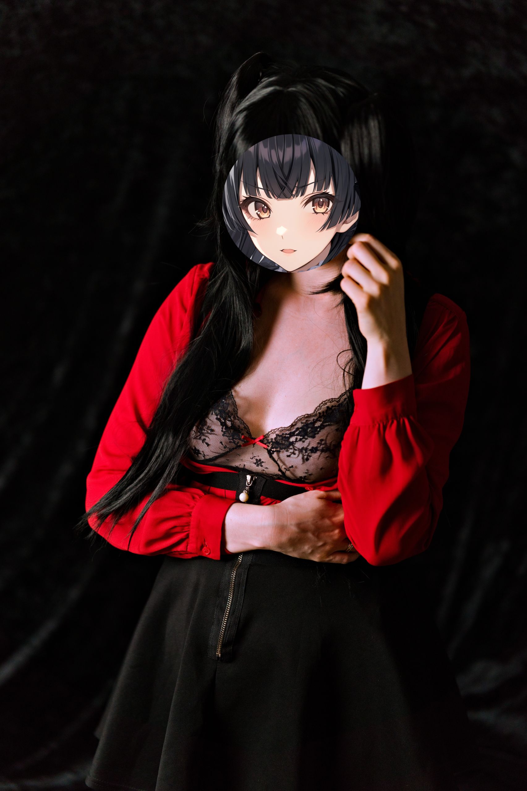 Mayuzumi Fuyuko in Red Shirt, Black Skirt and Black Stockings image 51