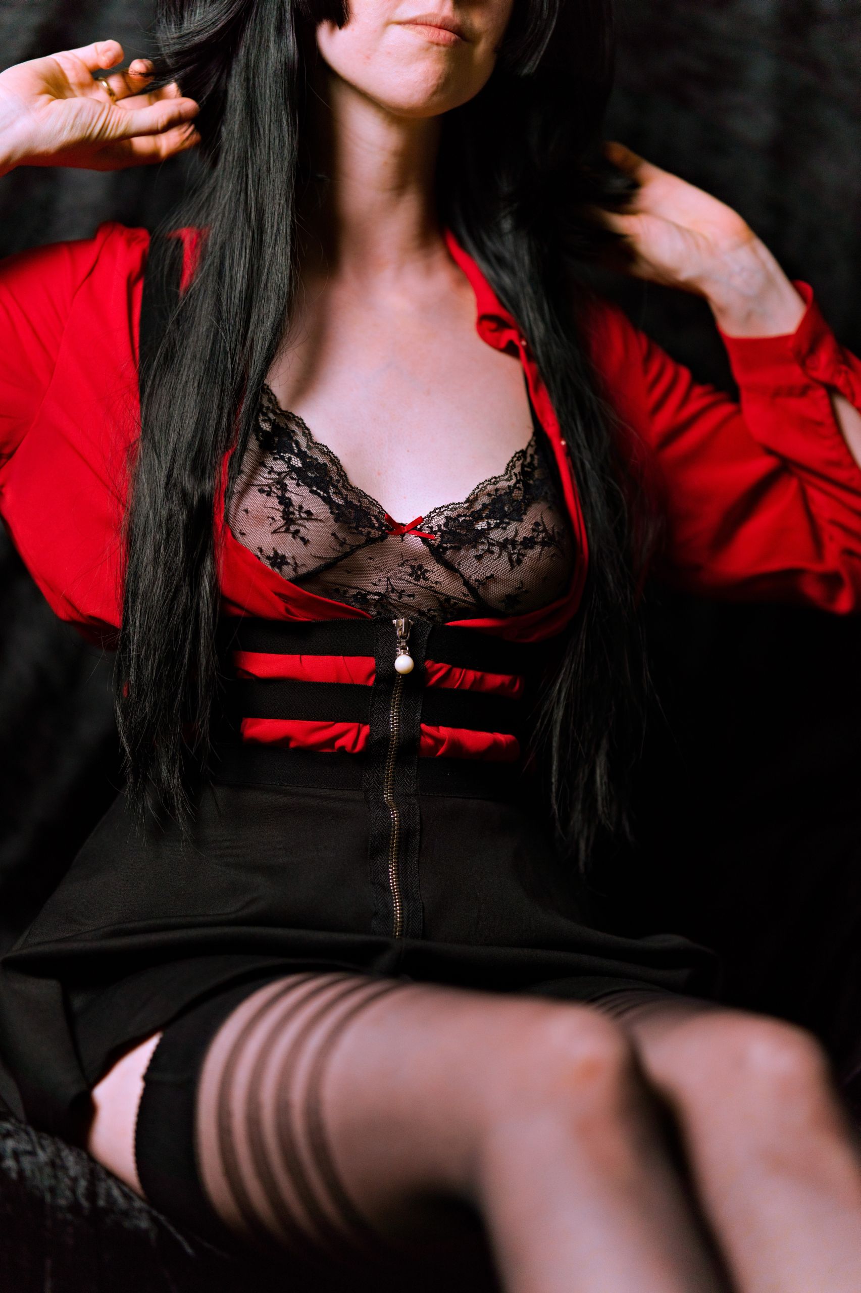 Mayuzumi Fuyuko in Red Shirt, Black Skirt and Black Stockings image 52