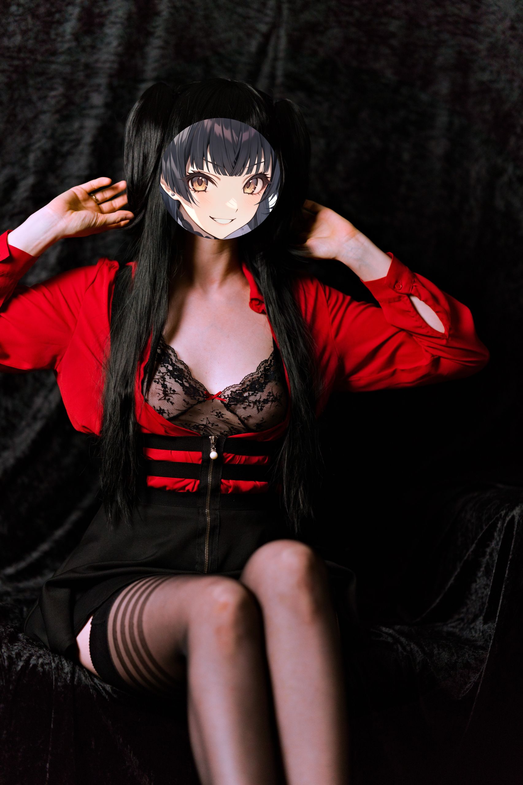 Mayuzumi Fuyuko in Red Shirt, Black Skirt and Black Stockings image 53