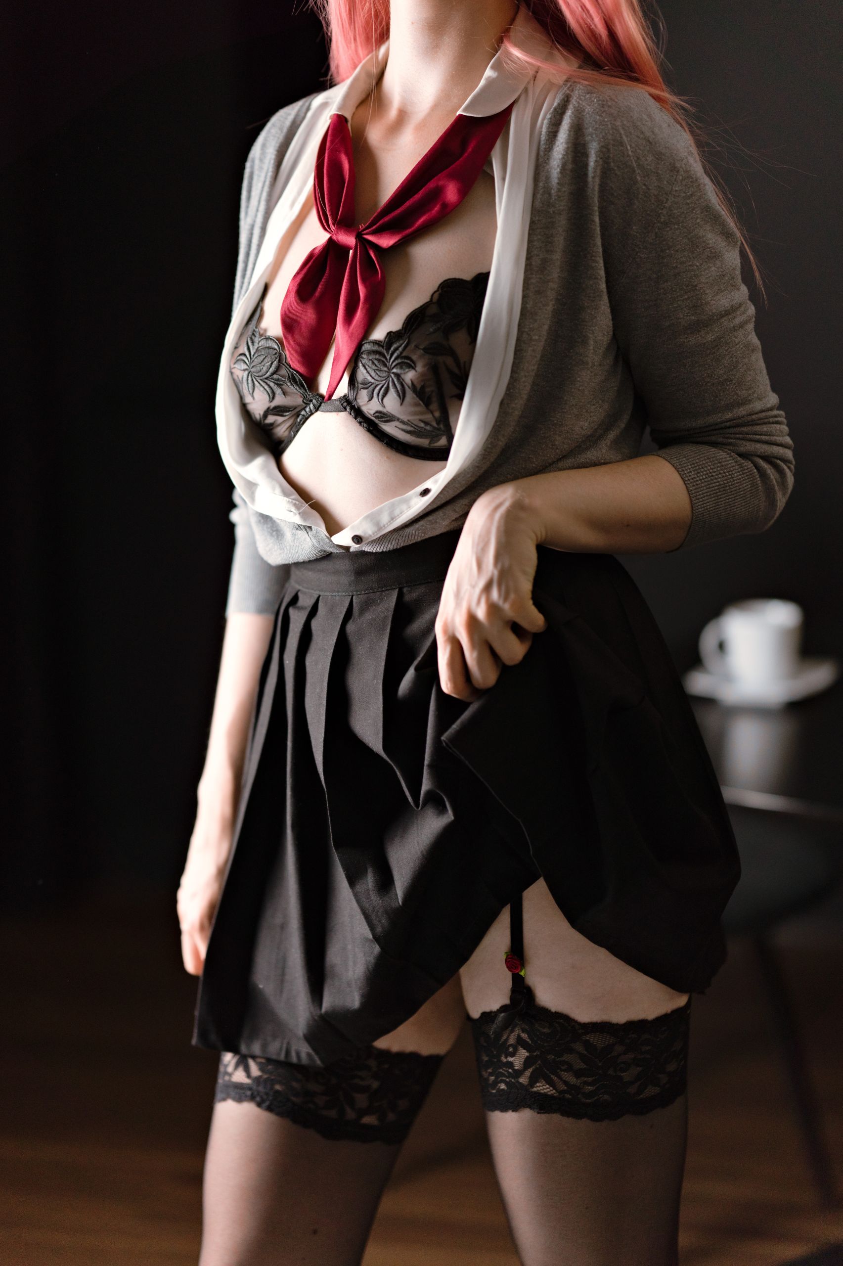 Schoolgirl in Sheer Shirt with Black Embroided Lingerie and Lace-trimmed Stockings image 10