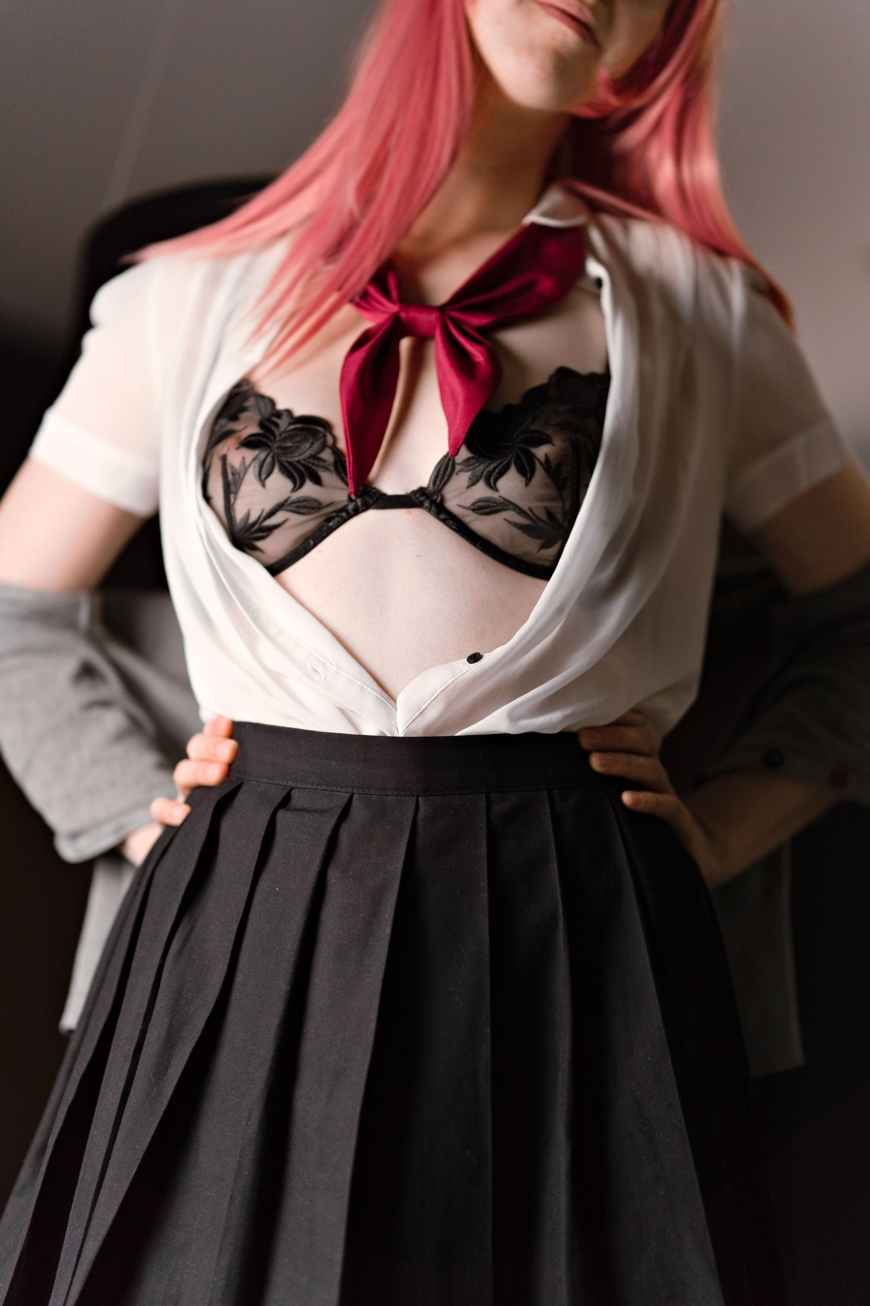 Schoolgirl in Sheer Shirt with Black Embroided Lingerie and Lace-trimmed Stockings image 12