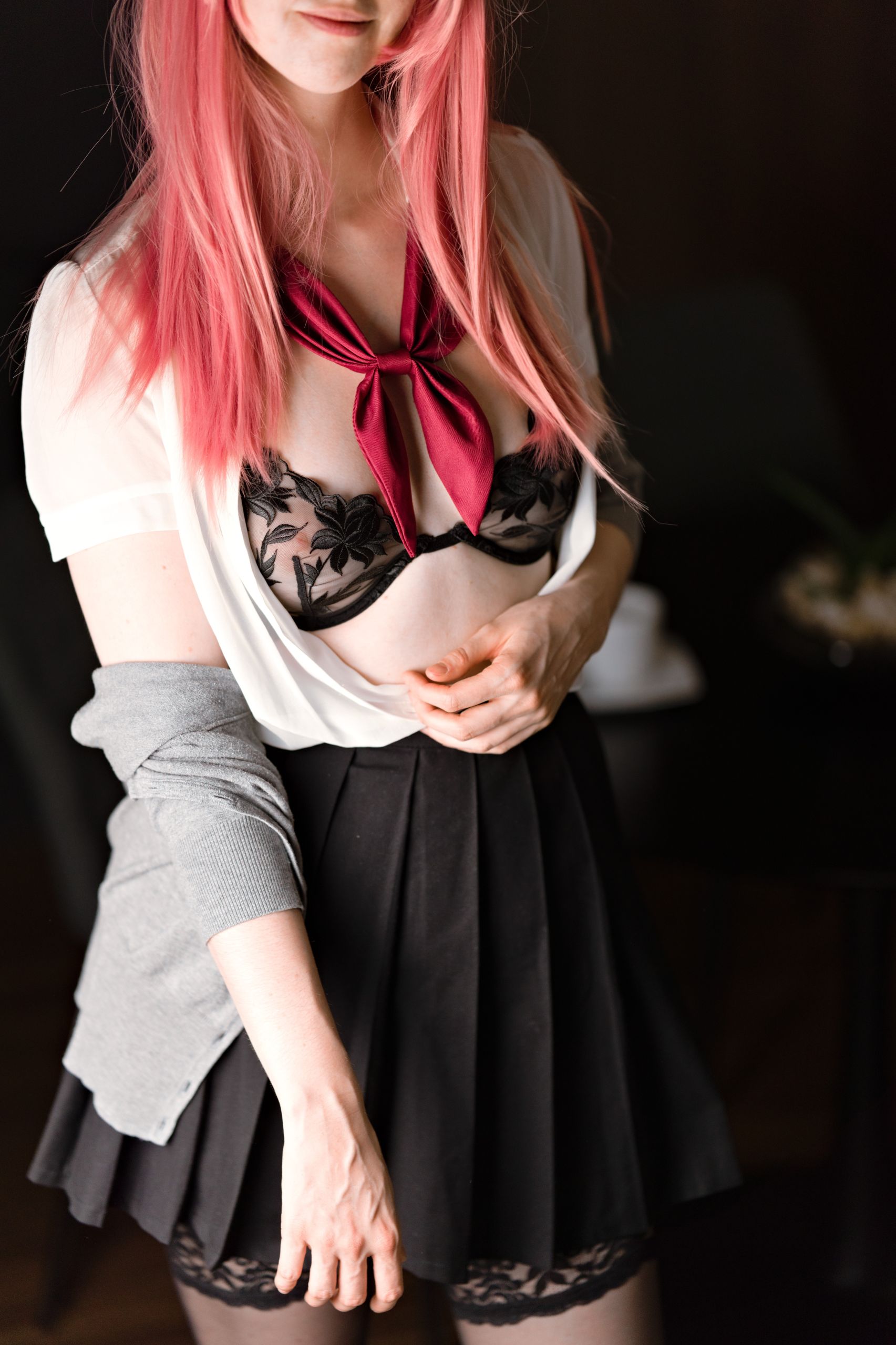 Schoolgirl in Sheer Shirt with Black Embroided Lingerie and Lace-trimmed Stockings image 15