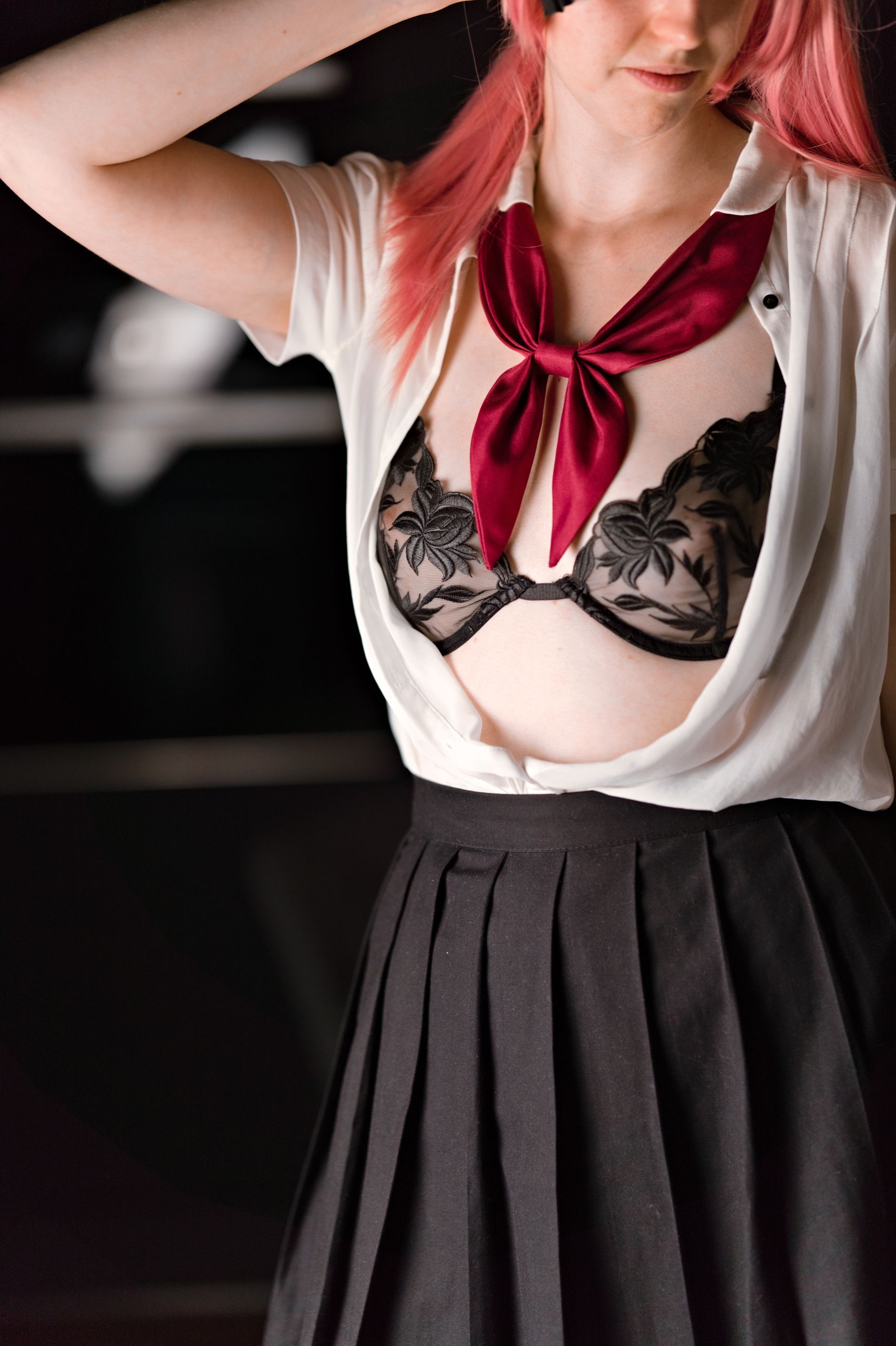 Schoolgirl in Sheer Shirt with Black Embroided Lingerie and Lace-trimmed Stockings image 16