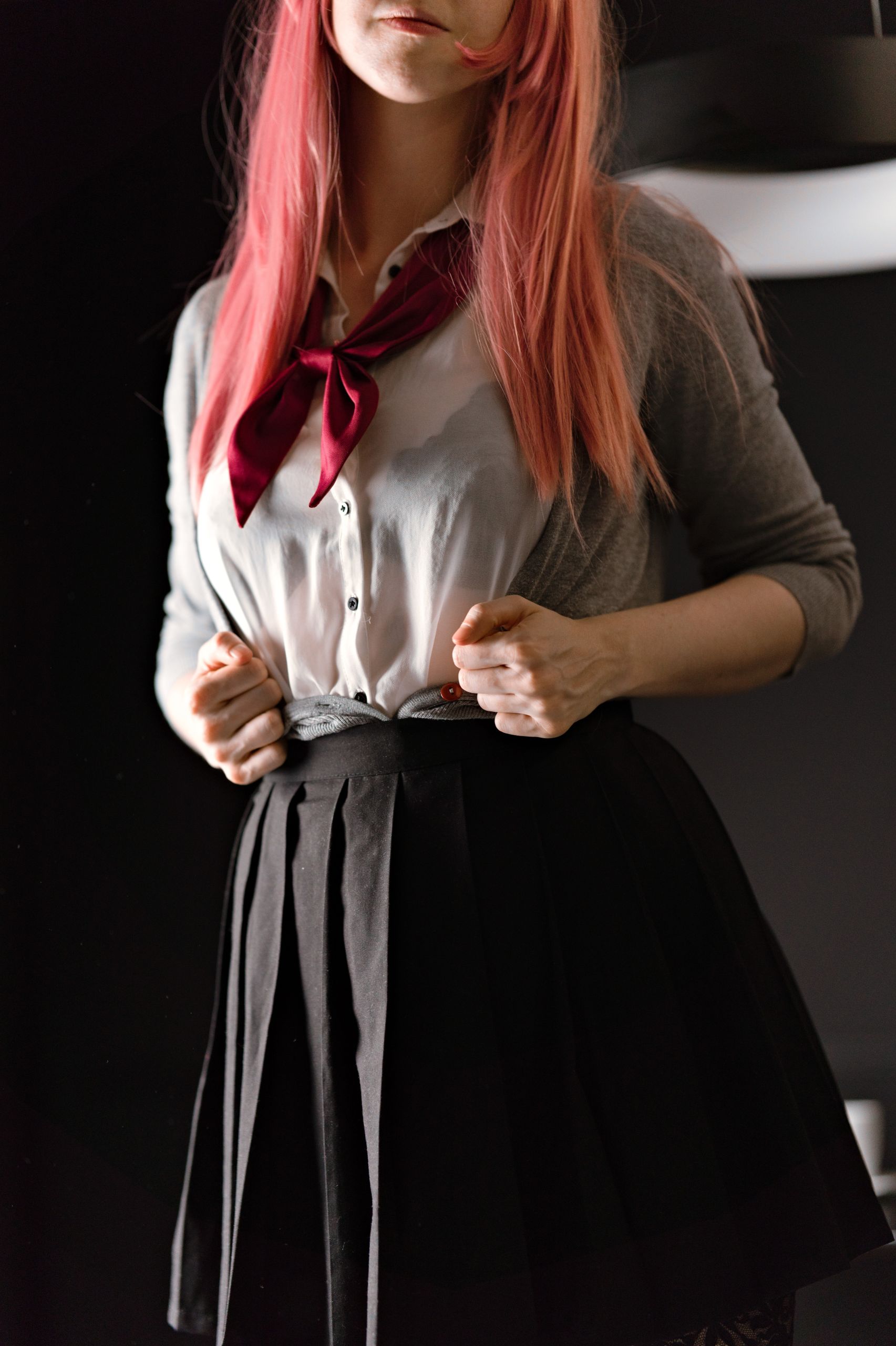 Schoolgirl in Sheer Shirt with Black Embroided Lingerie and Lace-trimmed Stockings image 6