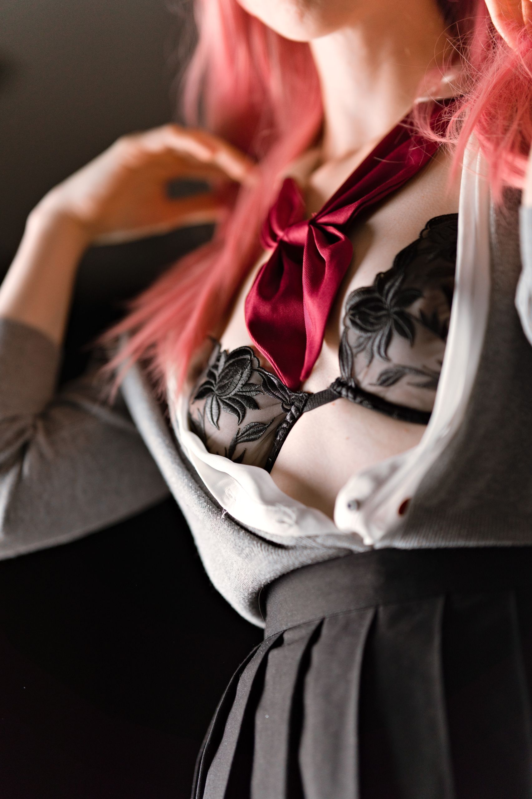 Schoolgirl in Sheer Shirt with Black Embroided Lingerie and Lace-trimmed Stockings image 9