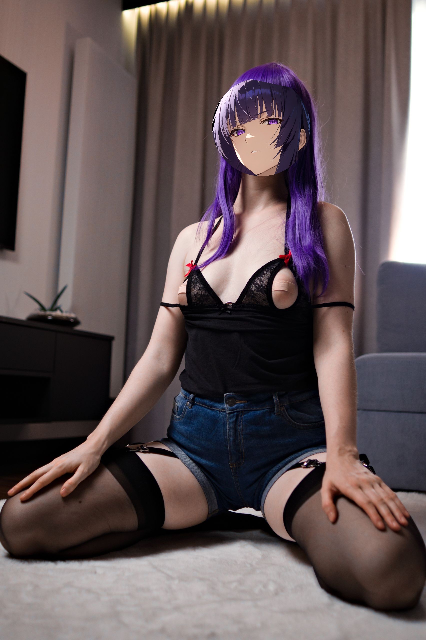 Saeko Busujima in Black Keyhole Lingerie, Garter Belt and Stockings image 21