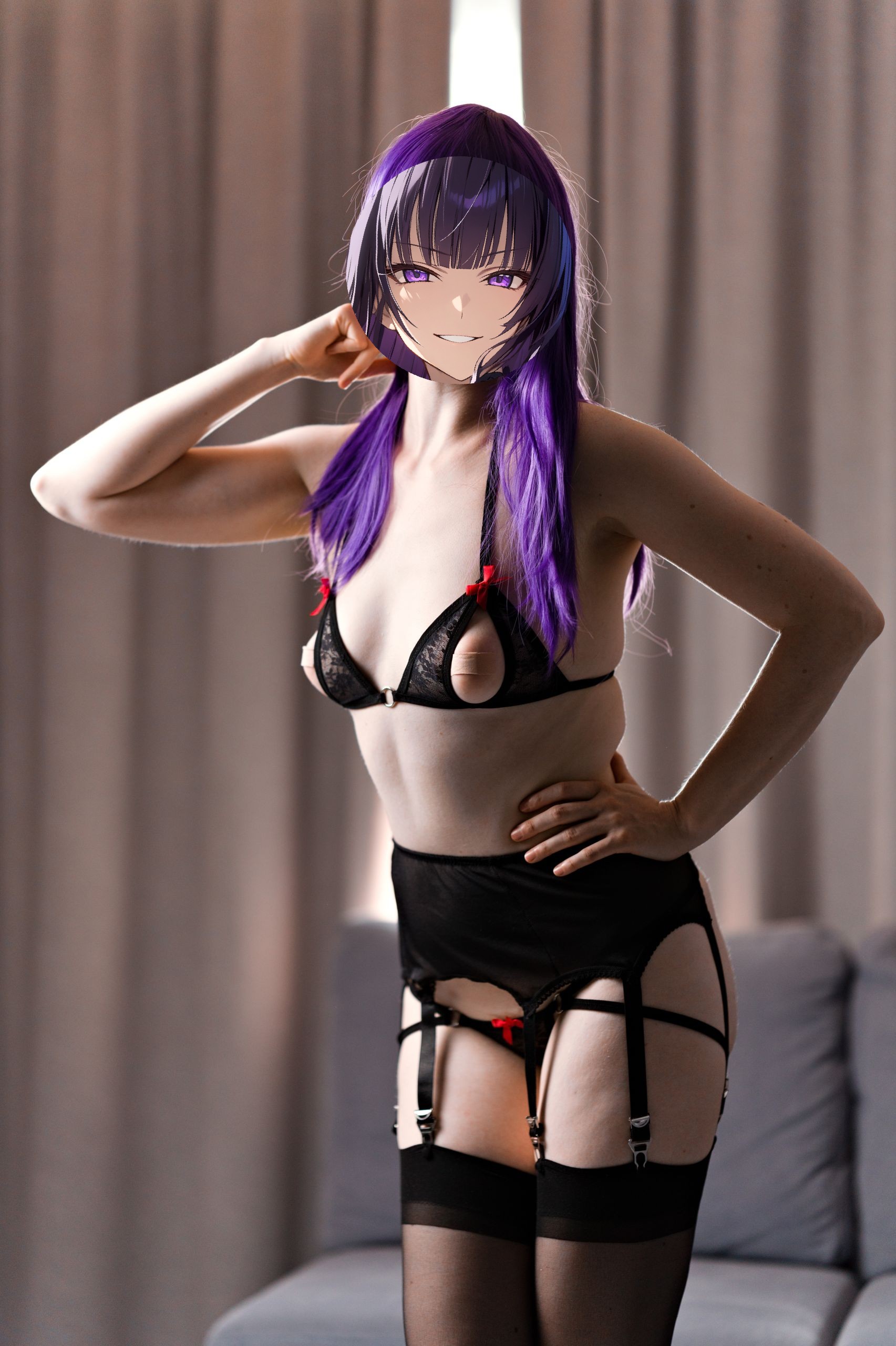 Saeko Busujima in Black Keyhole Lingerie, Garter Belt and Stockings image 32