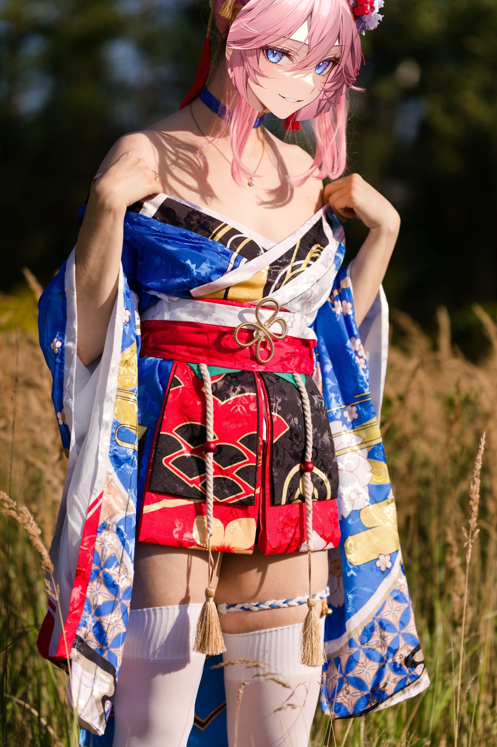 Summer Outdoor Yae Sakura in Blooming Maiko Kimono and White Stockings image 1