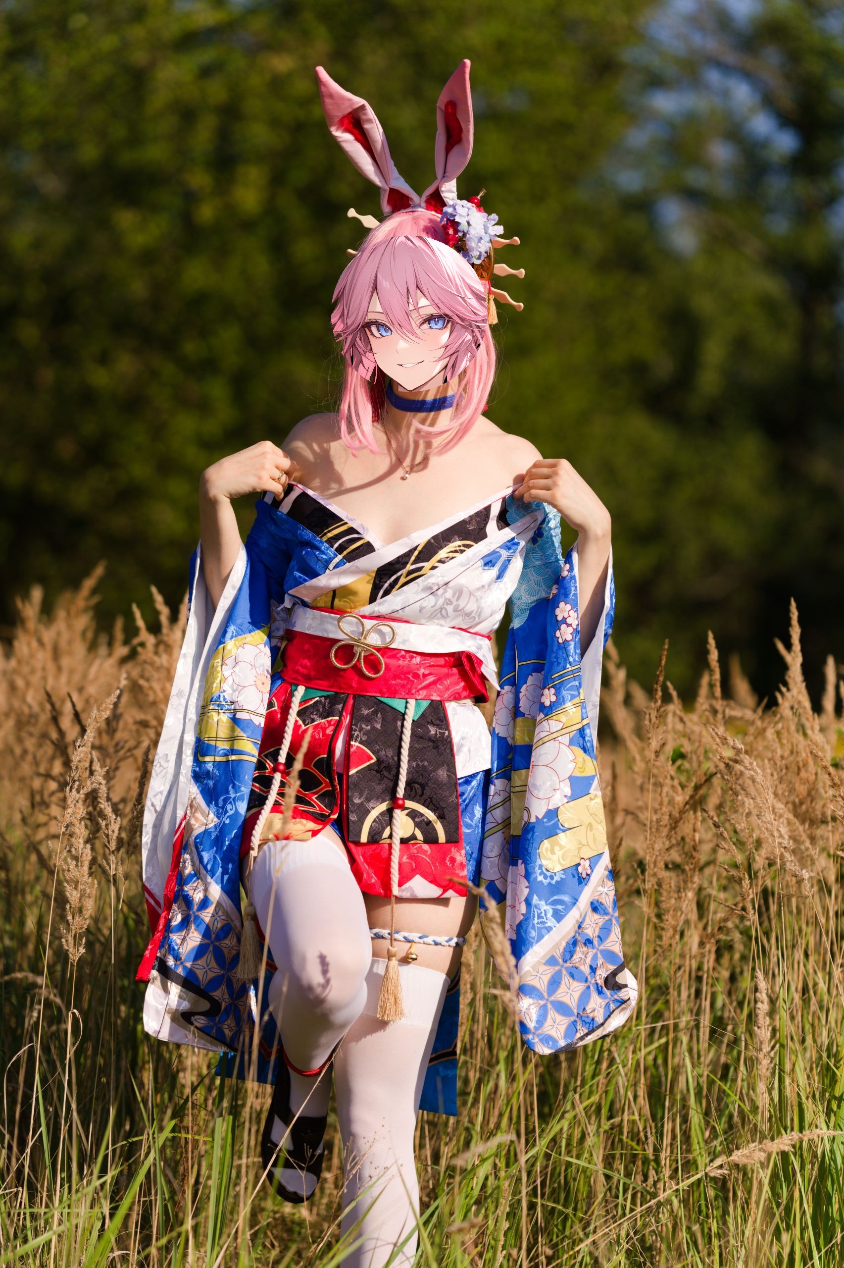 Summer Outdoor Yae Sakura in Blooming Maiko Kimono and White Stockings image 10