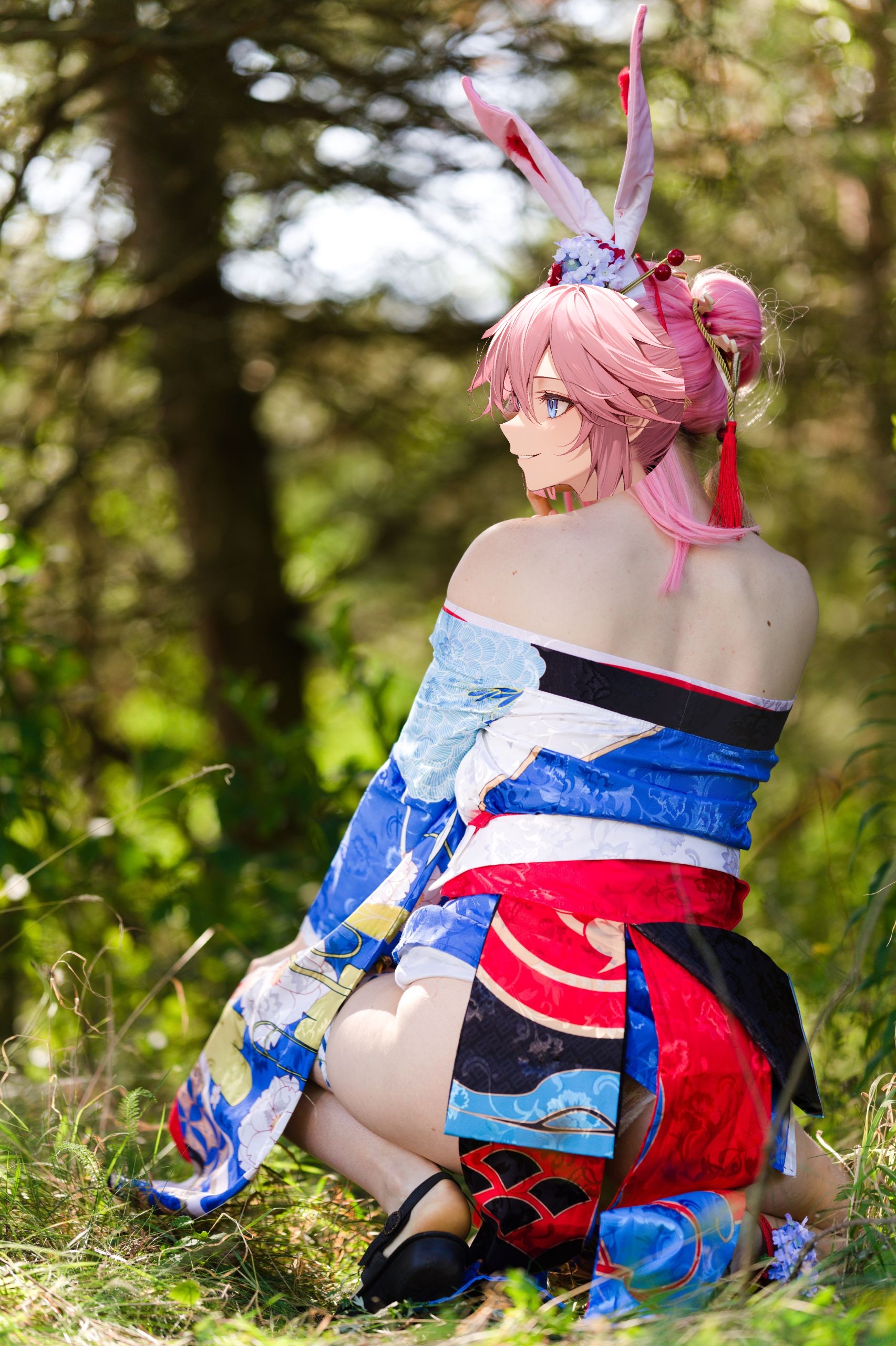 Summer Outdoor Yae Sakura in Blooming Maiko Kimono and White Stockings image 128