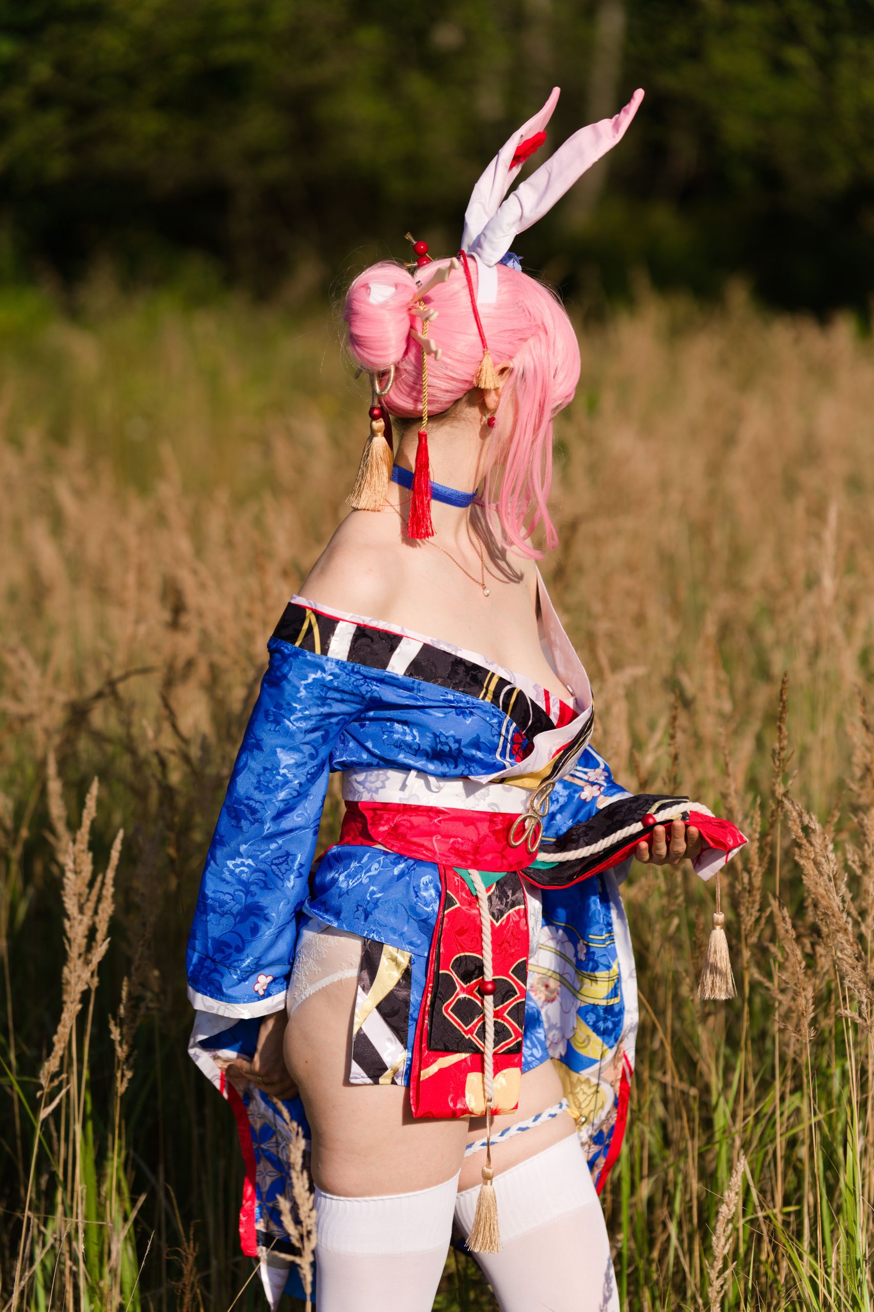 Summer Outdoor Yae Sakura in Blooming Maiko Kimono and White Stockings image 13