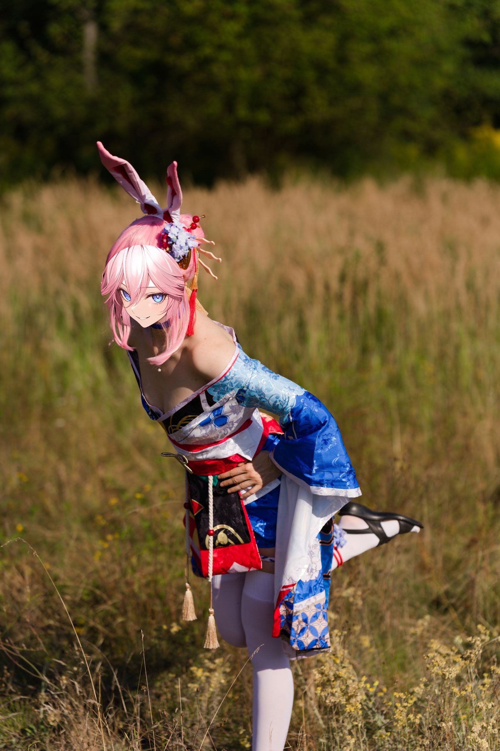 Summer Outdoor Yae Sakura in Blooming Maiko Kimono and White Stockings image 30
