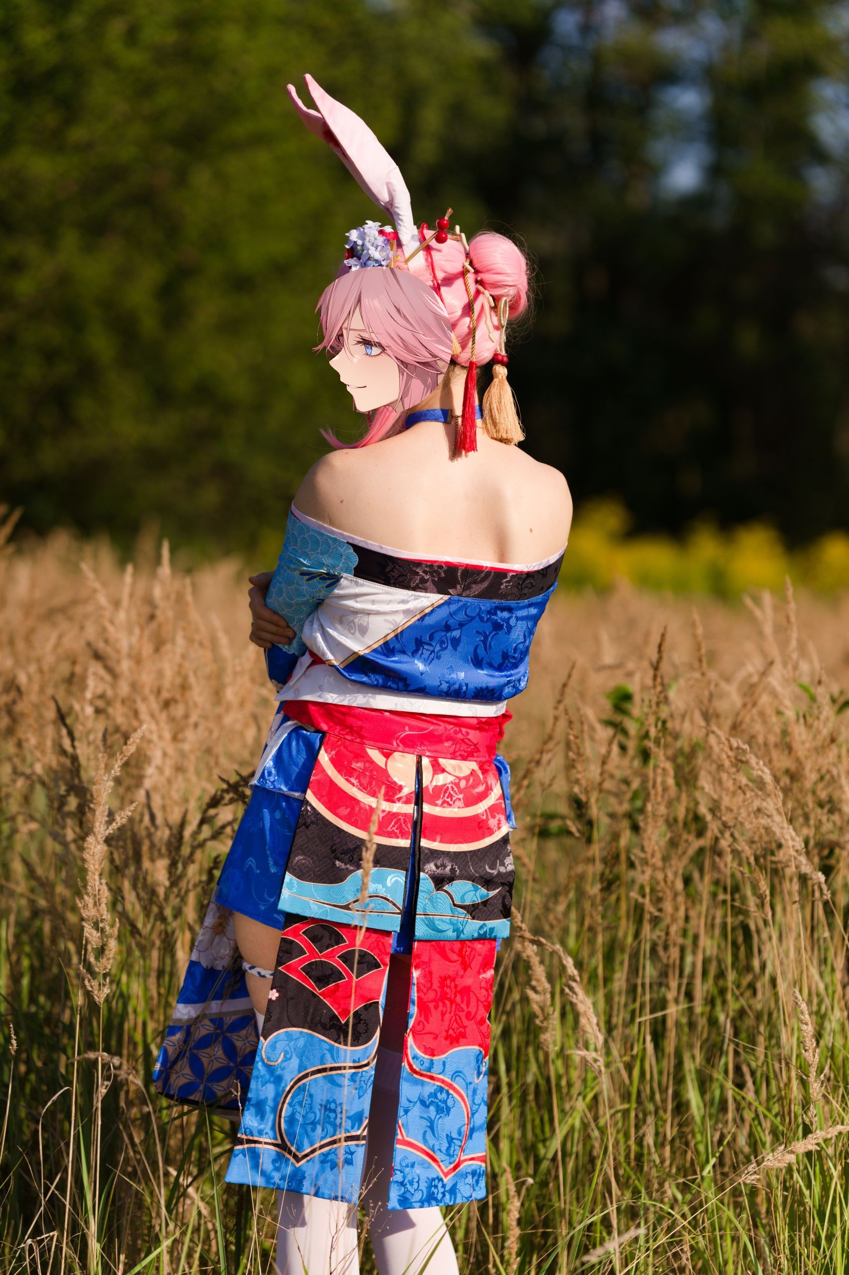 Summer Outdoor Yae Sakura in Blooming Maiko Kimono and White Stockings image 4