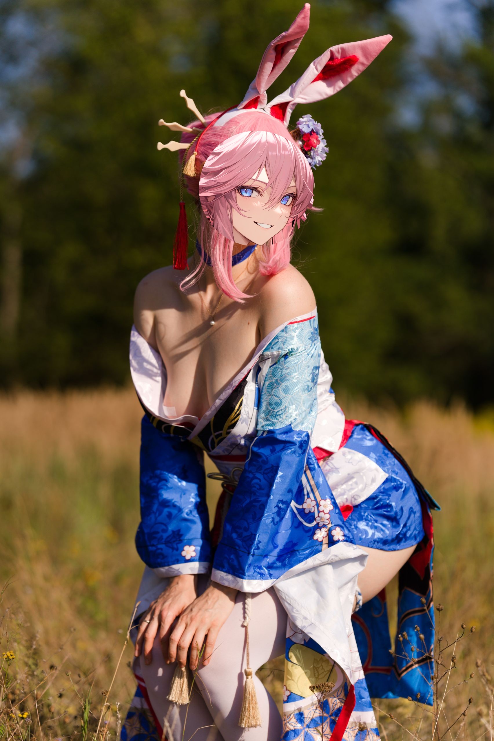 Shizuka Kawa dressed as Sakura Yae Blooming Maiko in a blue off shoulder kimono with colorful flower patterns. Photo showcases Shizuka leaning in, revealing naked bosom, censored only by band aids on nipples.Hair ornaments, bunny ears and white stockings visible.