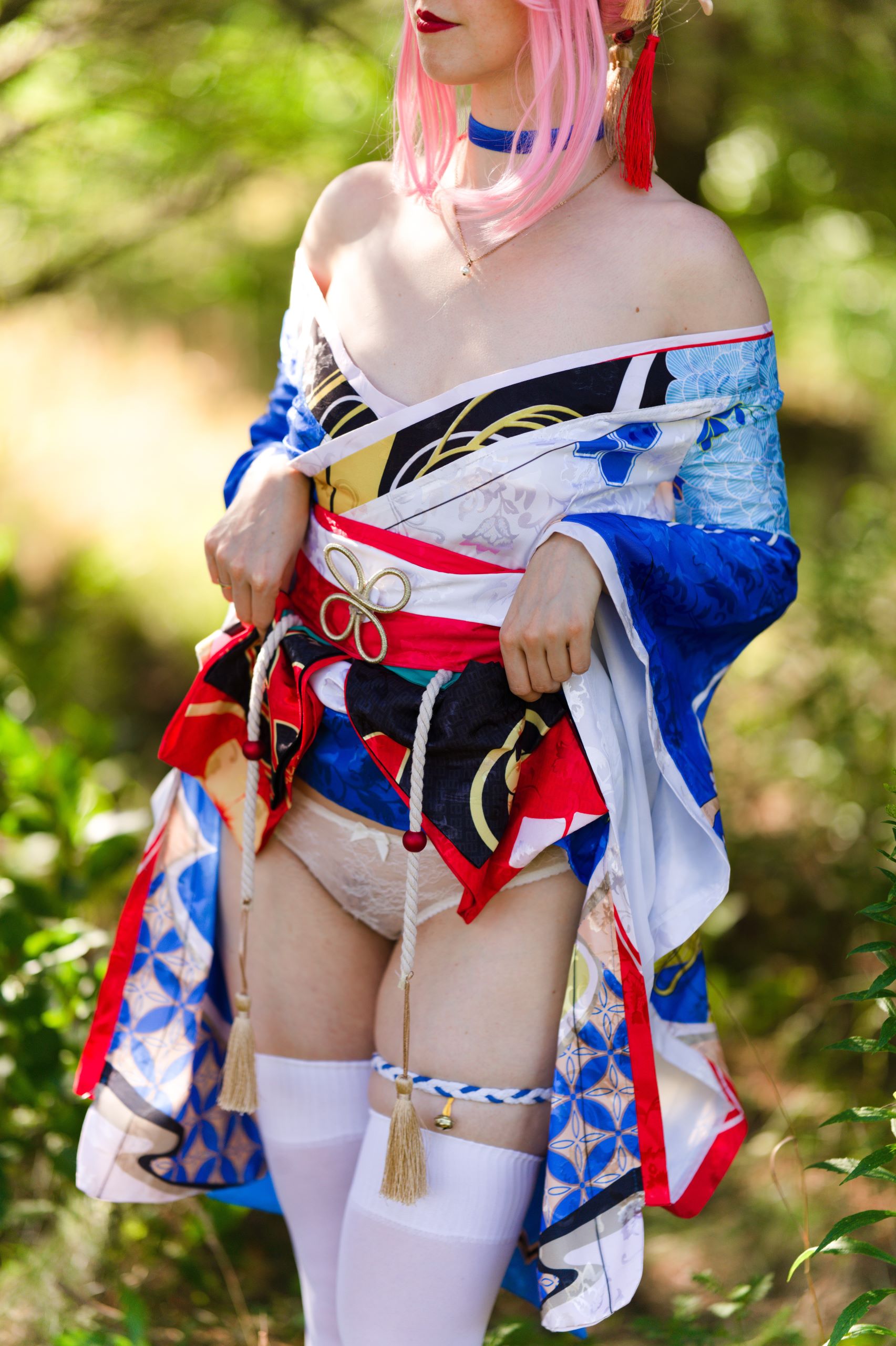 Summer Outdoor Yae Sakura in Blooming Maiko Kimono and White Stockings image 76