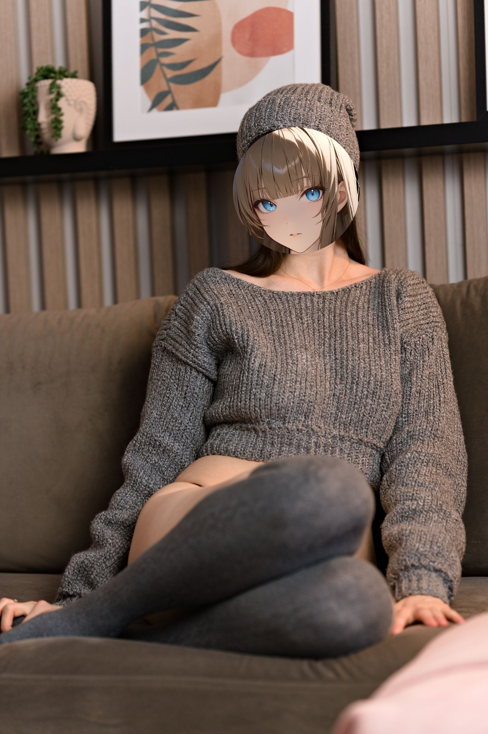 Gray Knitted Sweater with Kneesocks and Black Thong image 1